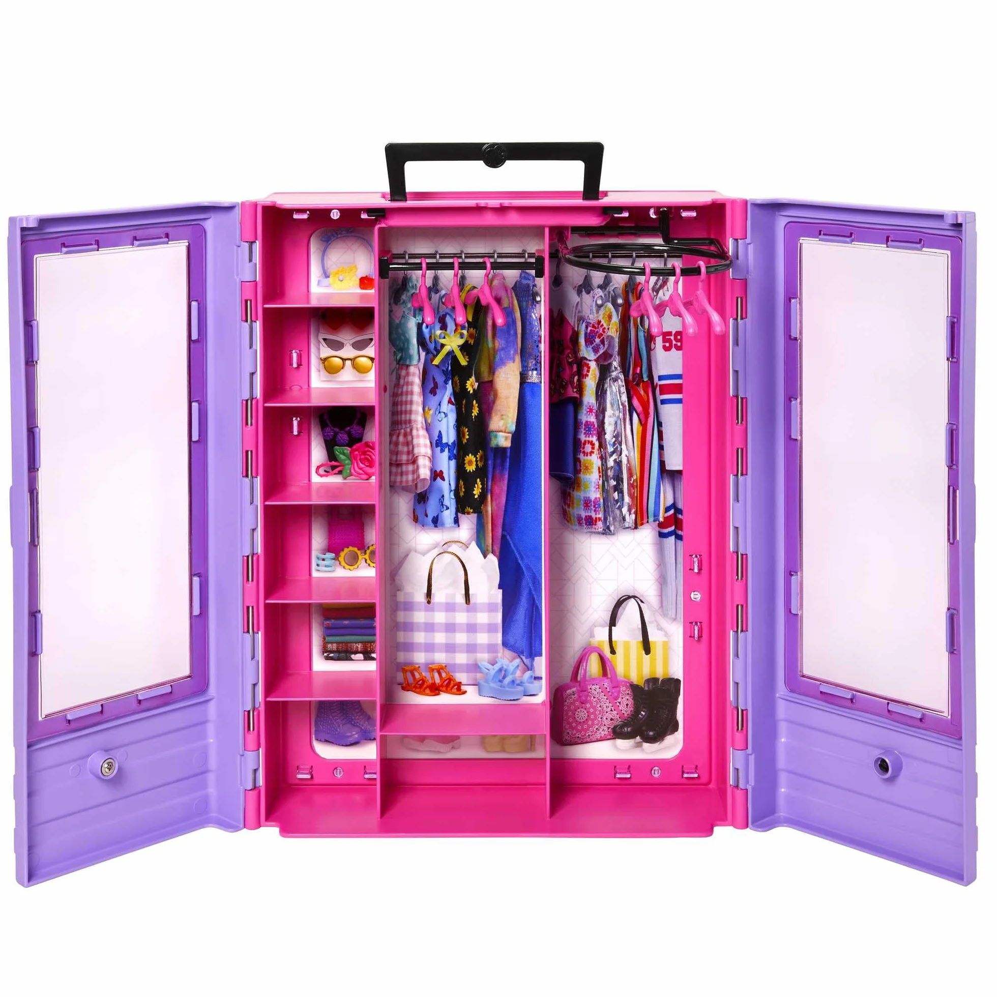 Barbie Fashionista Armario portátil para Ropa de muñeca, Incluye 3 Looks completos, 6 Perchas y muñeca, Juguete +3 años (Mattel HJL66)