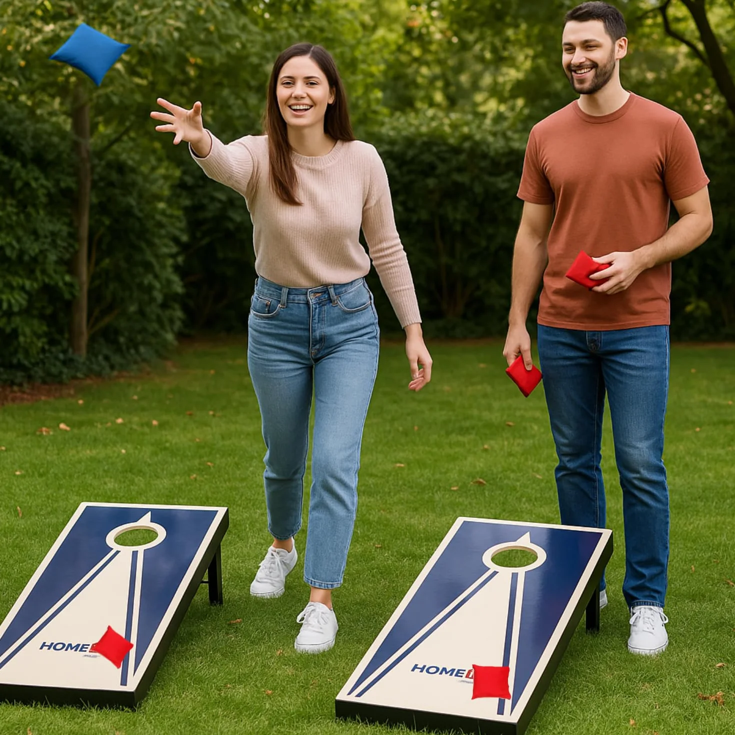 HOME It Play - Juego de Cornhole con Bolsas de Lanzamiento - 2 Tablas + 8 Bolsas - Juego de Exterior Compacto con Asas - Ideal para jardín y Playa Camping