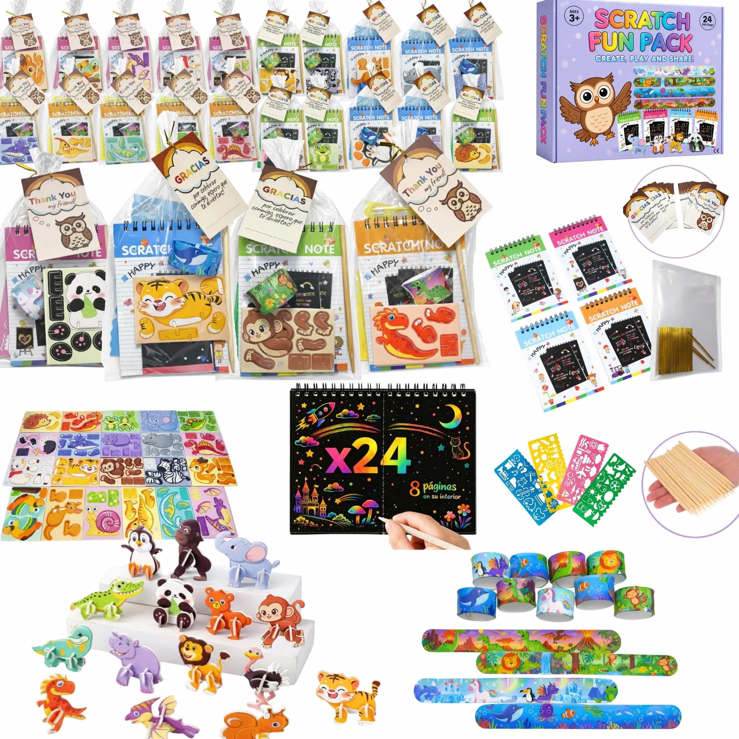 Pack 24 Invitados Regalos Cumpleaños Niños Colegio con Pulseras Silicona Slap Puzzle 3D Scratch Art Bolsas Individuales