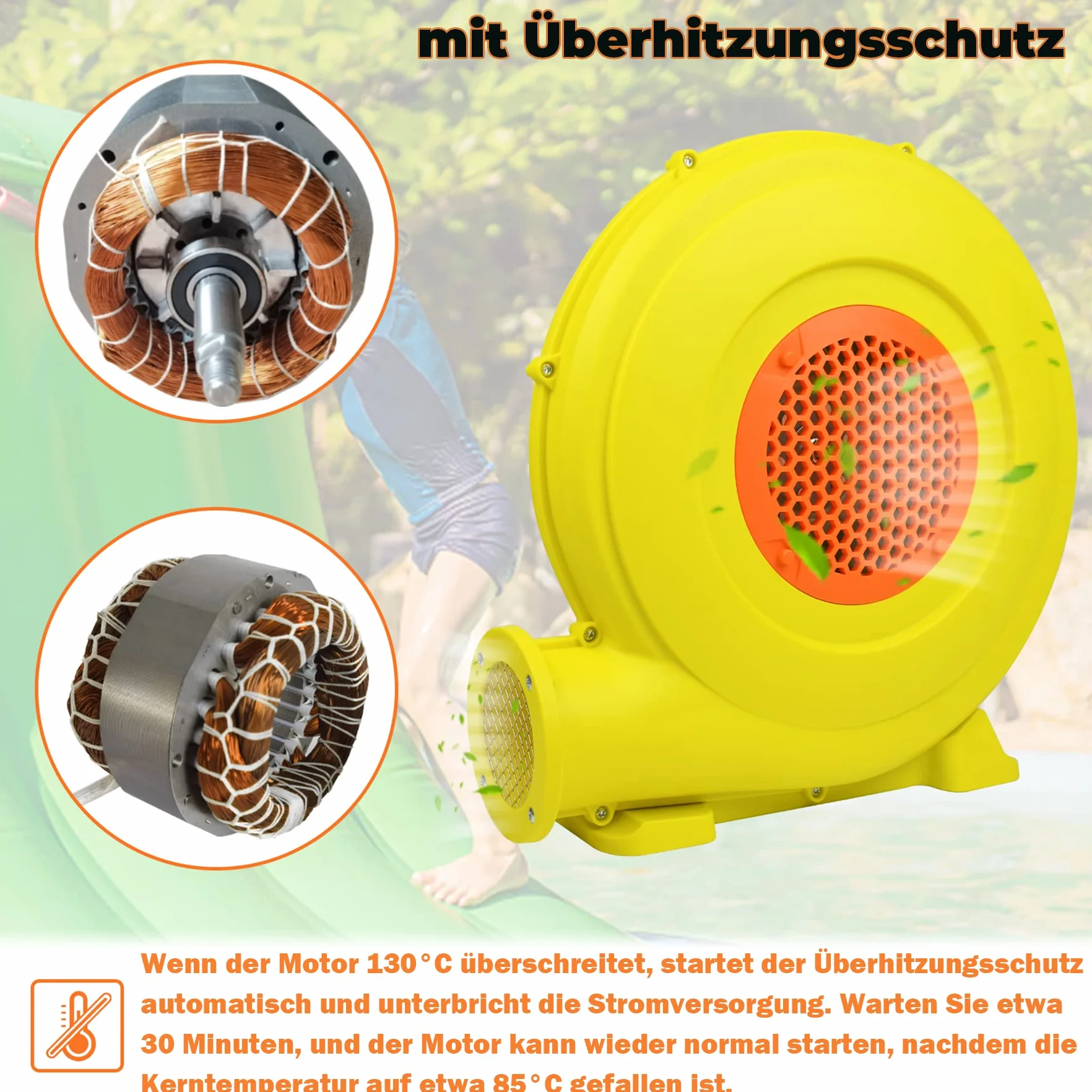 Froadp 750W Ventilador de Aire para Castillo Hinchable 220-240V Bomba Inflable Eléctrica con Mango y Pica de Tierra Ventilador Centrífugo Hinchable Soplador para Juegos Inflables (Amarillo+Naranja)