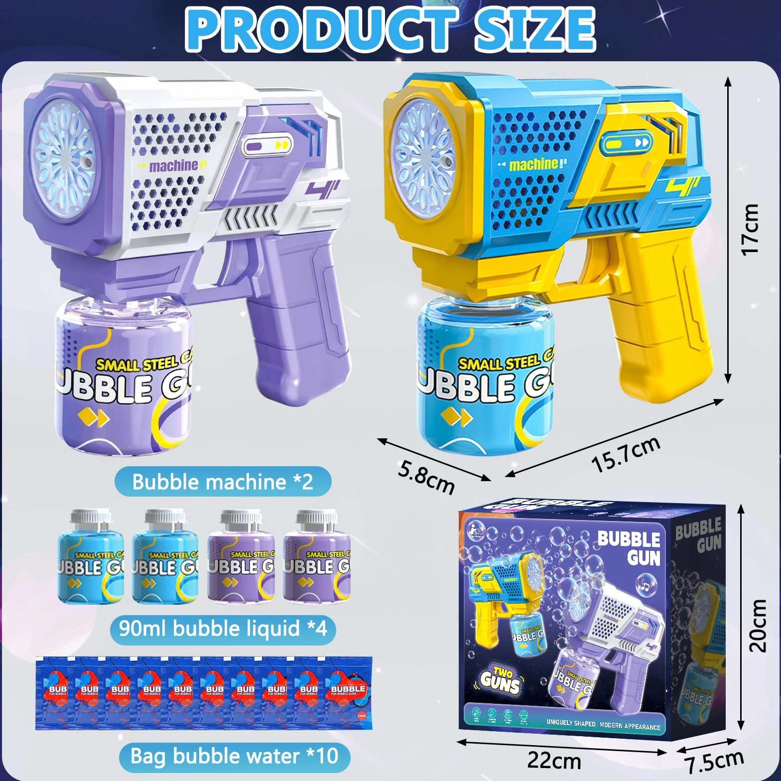 2 Pistolas de Burbujas para Niños, Máquina Automática de Burbujas LED de Jabón 10000+ Burbujas con 4 Soluciones (90 ml), Juguete de Verano, Regalos para Cumpleaños Fiestas, Aire Libre Bodas