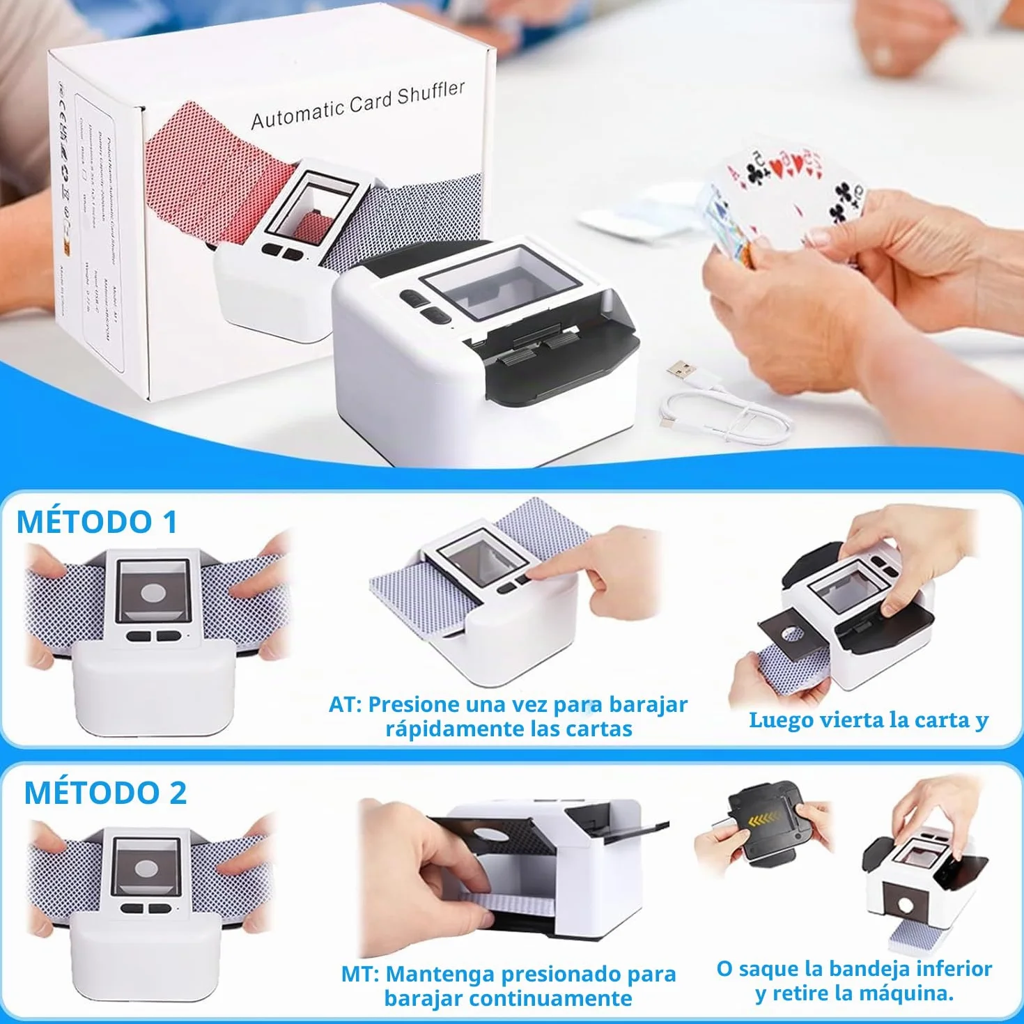Barajador de Cartas Automático, Barajador Eléctrico para 1-2 Barajas, Modo Automático y Manual, Recargable 2000 mAh, Portátil y Silencioso, para Póker, UNO, Blackjack, Skip-BO