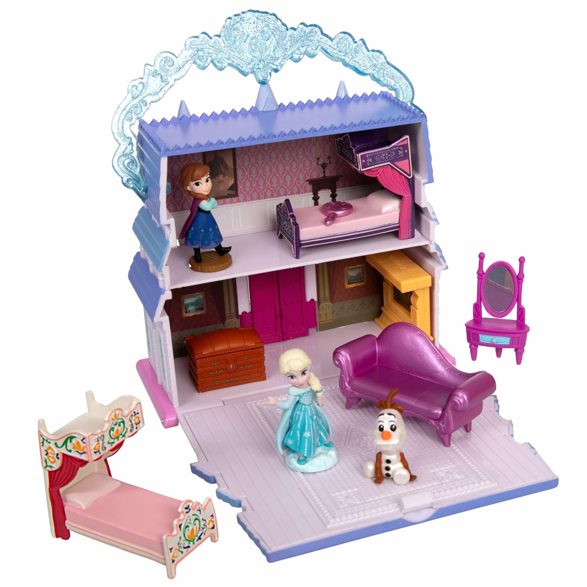 Disney Store Official, Frozen, Reina Elsa y Anna casa muñecas, colección Once Upon a Story, 11,5 cm/5", Set Juego con Olaf, el Castillo de Arendelle y Muebles de Juguete, Apto a Partir de 3 años