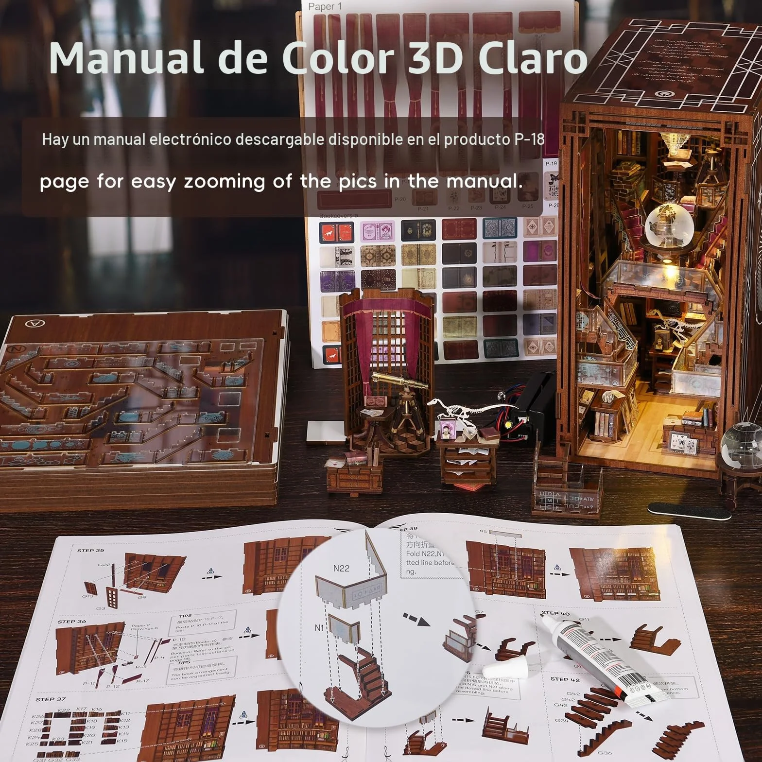 MiniCity Book Nook Kit DIY Miniature Booknook 3D Puzzle Madera con Luz LED para Estantería