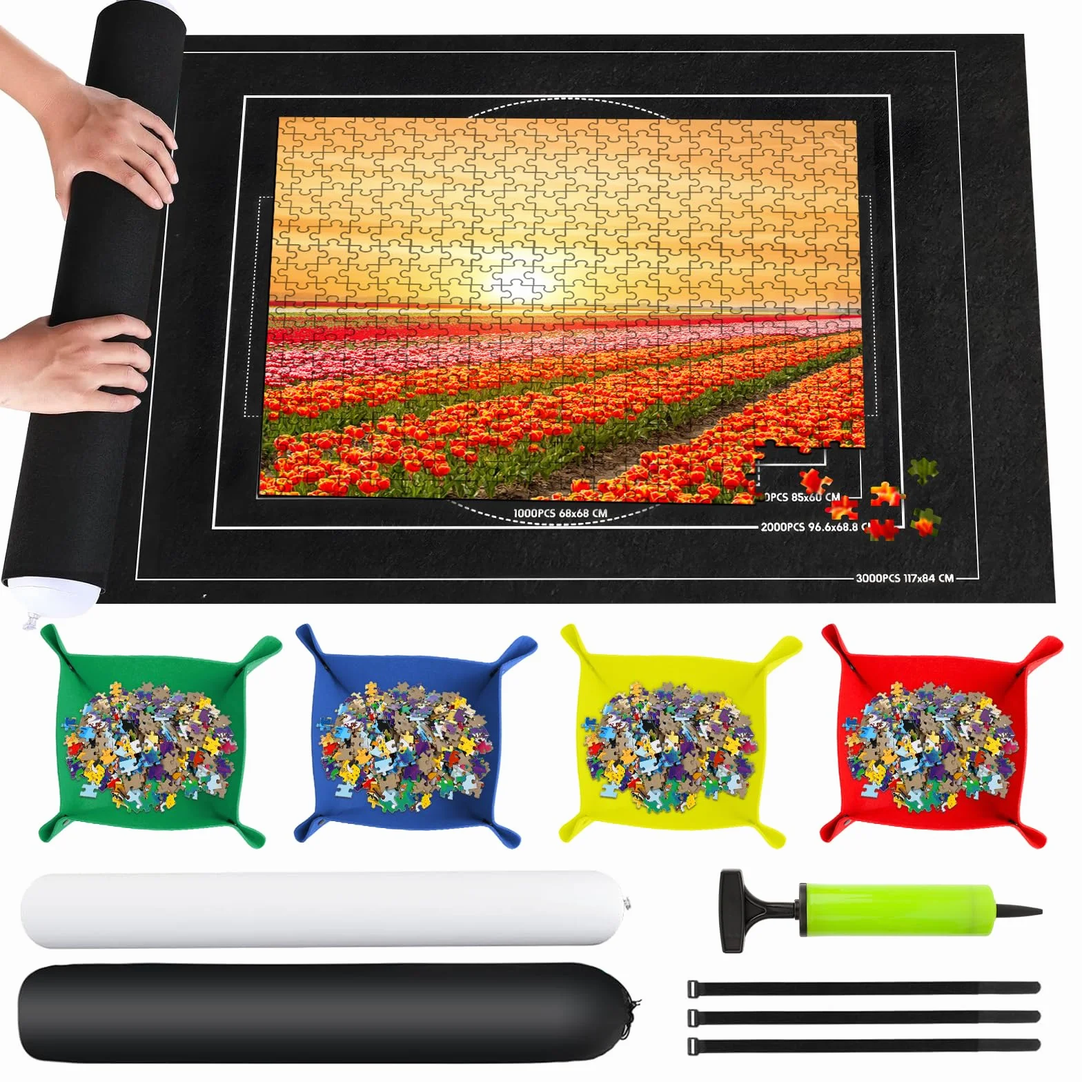 Tapete Puzzle 1500 Piezas, Alfombra Puzzle Enrollable, Estera de Fieltro 116x66cm, Negro