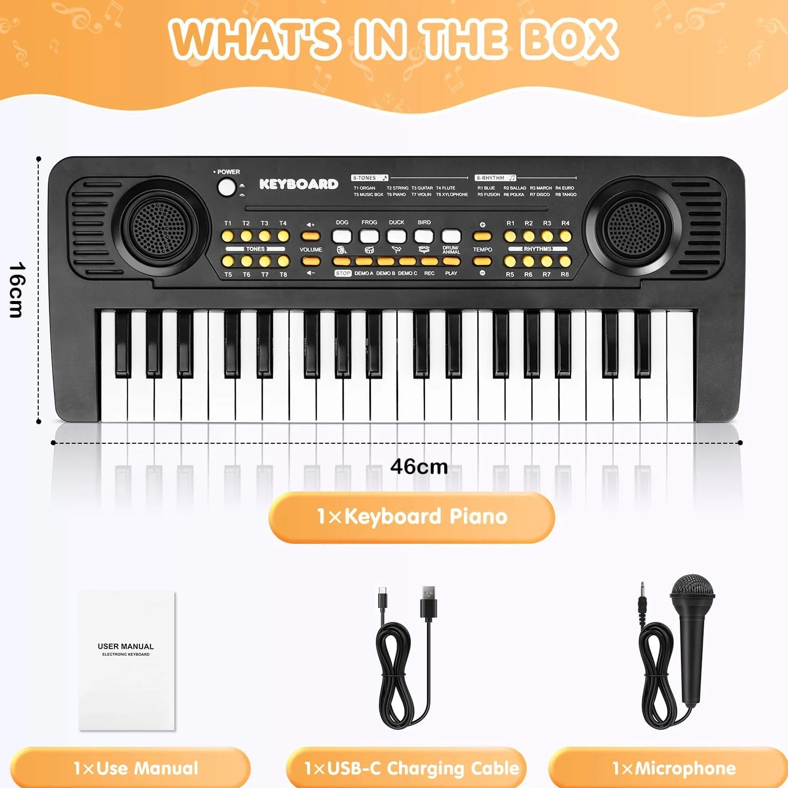 Infantil Piano Teclado 37 Teclas con Microfono Portátil Juguete Musical, Regalos Navidad Cumpleaños para 3 4 5 6 7 Años Principiante Niños y Niñas, Negro