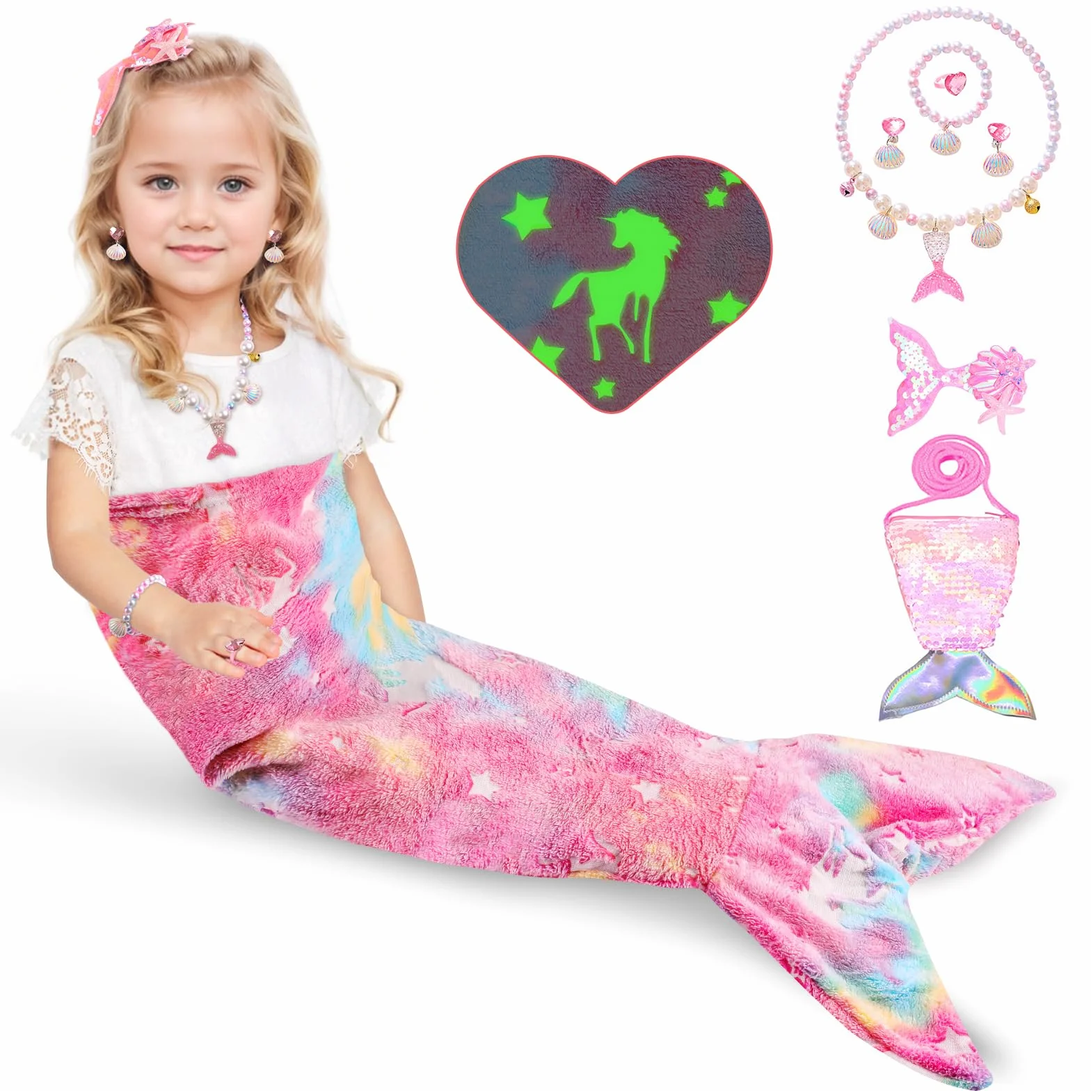 Cyiecw Saco Dormir Niña Manta Infantil Sirena 100x50CM, Aleta de Sirena Niños Manta Resplandor en la Oscuridad, Manta de Franela Sirena con Bolso de Lentejuelas y Accesorios de Joyería de Sirena