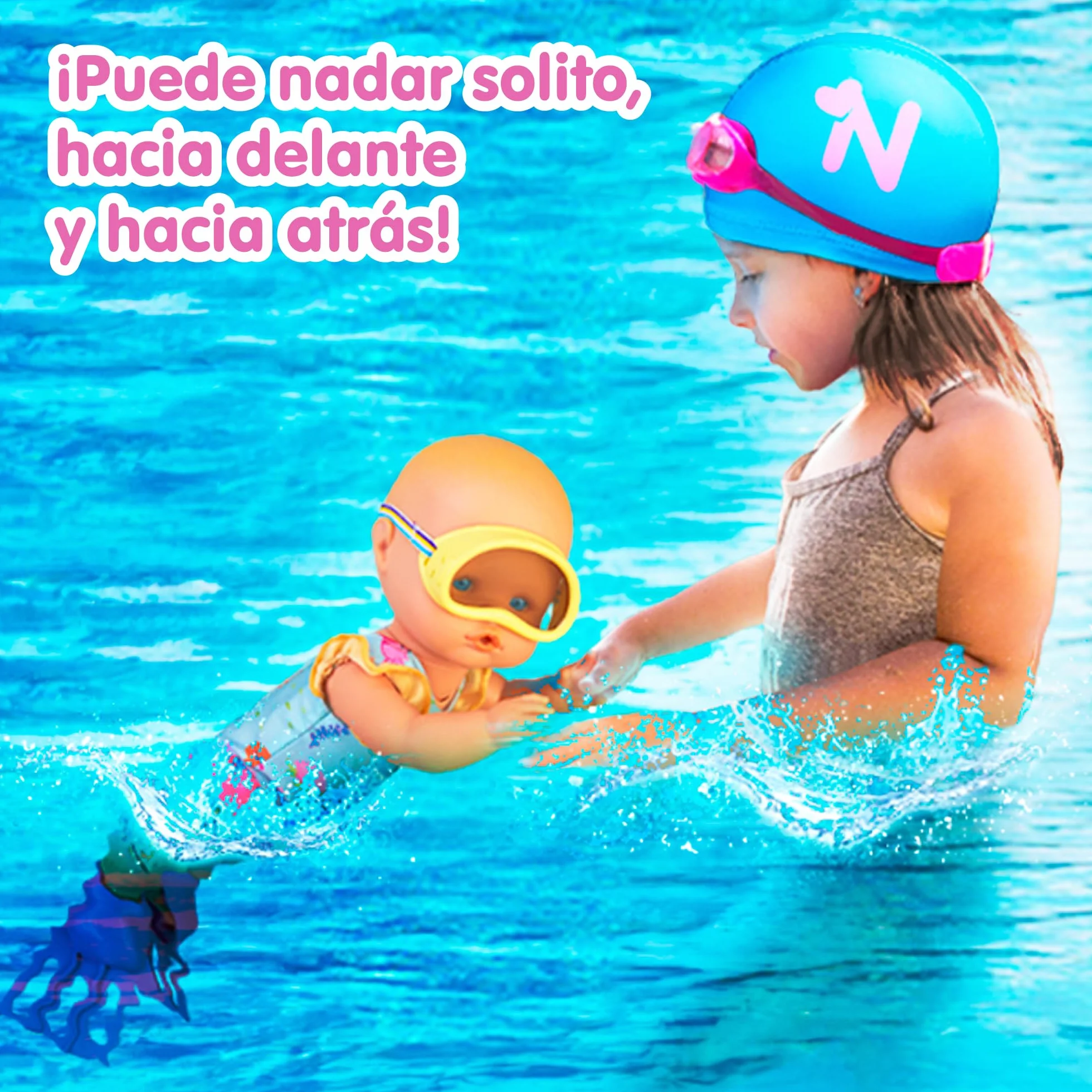 Nenuco - ¡Aprende a Bucear! Muñeco de 35 cm y Cuerpo Duro Que Mueve Sus piernas y Nada solito. con tu Ayuda podrá sumergirse en el Agua y bucear. Incluye bañador, Aletas y Gafas de bucear (NFN75000)