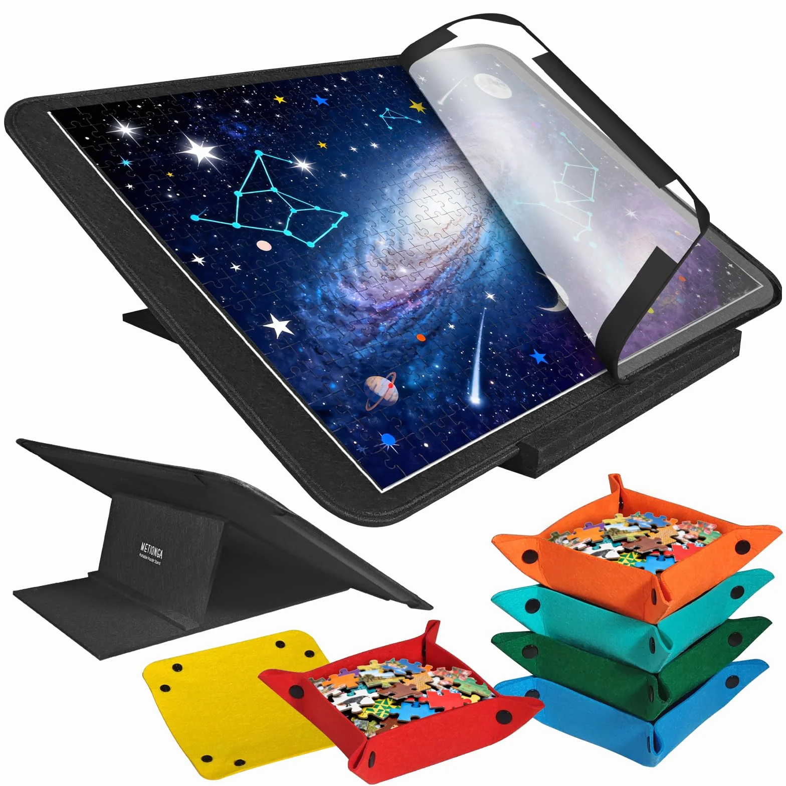 Tablero Puzzle para 1000 Piezas, Puzzle Board con 6 bandejas clasificadoras de Colores y Cubierta, Tapete de Fieltro Ligero con Soporte Ajustable multiángulo, Portátil Mesa Puzzles
