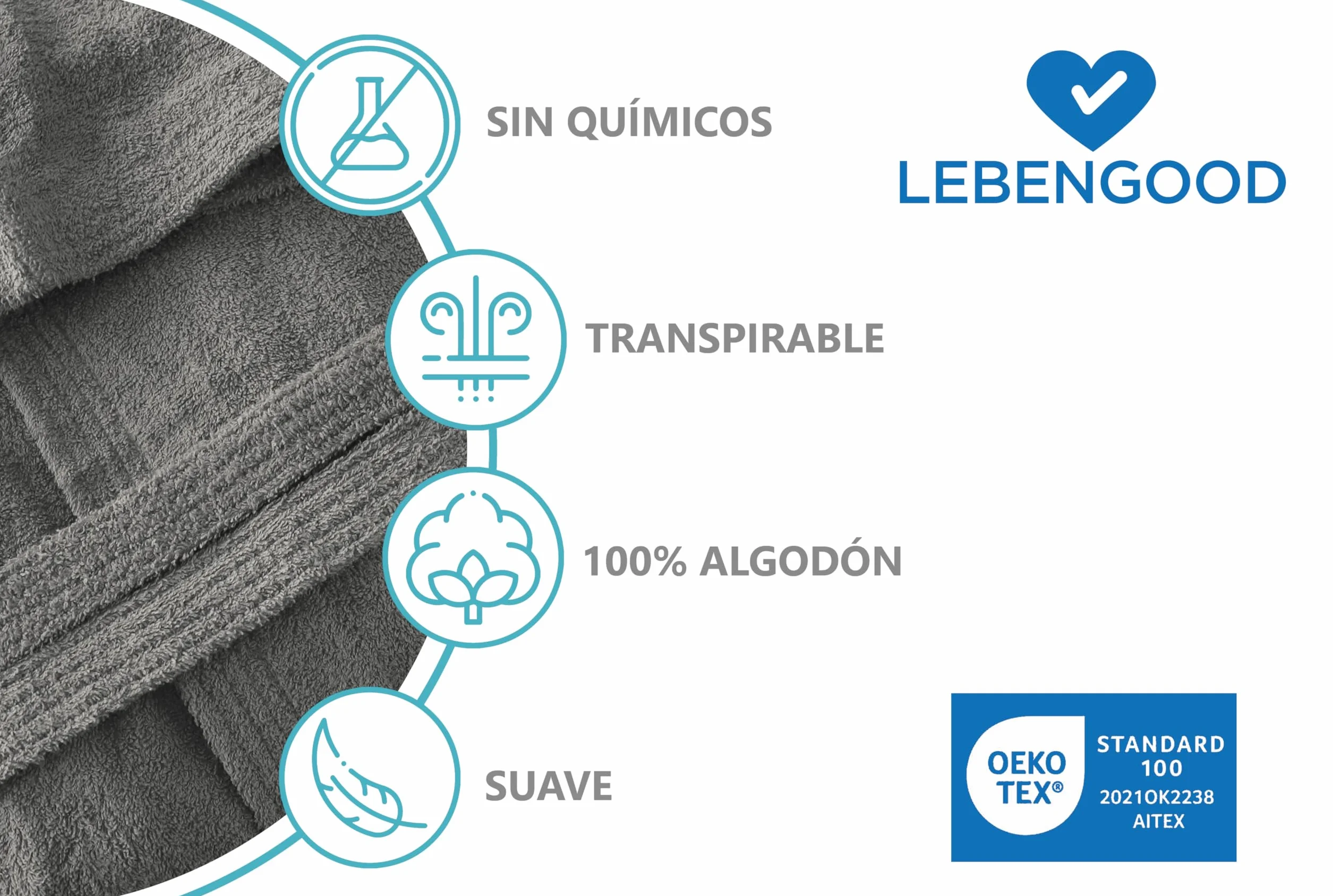 LEBENGOOD Albornoz Hombre Capucha Algodón OEKO-TEX Toalla Rizo Americano 450 gsm Bata Baño