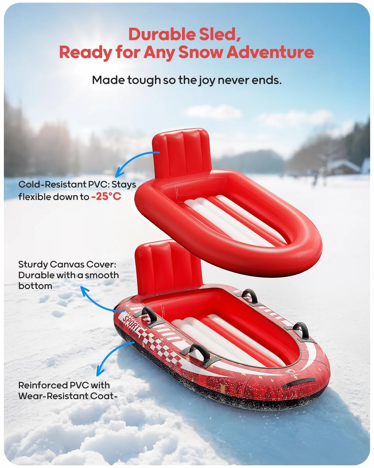 QPAU Trineo de nieve inflable para 2 personas con cubierta de lona, respaldo y asas reforzadas