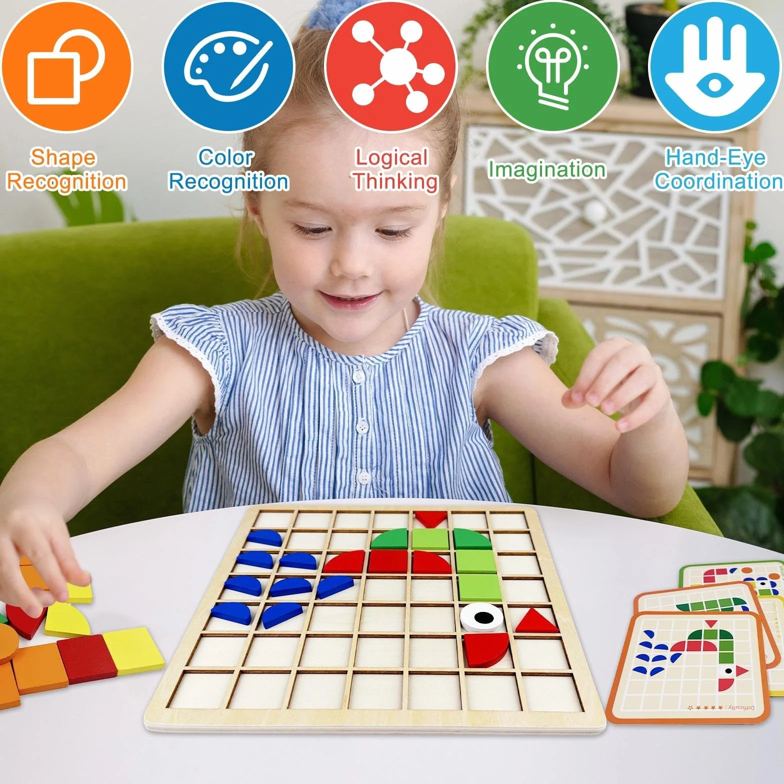 120 Piezas Puzzle de Mosaico Madera con 20 Tarjetas, Rompecabezas con Forma Geométrica, Juguete Puzzles de Tangram, Bloques de Patrones de Madera, Juguetes Montessori Niños 3 4 5 6 Años
