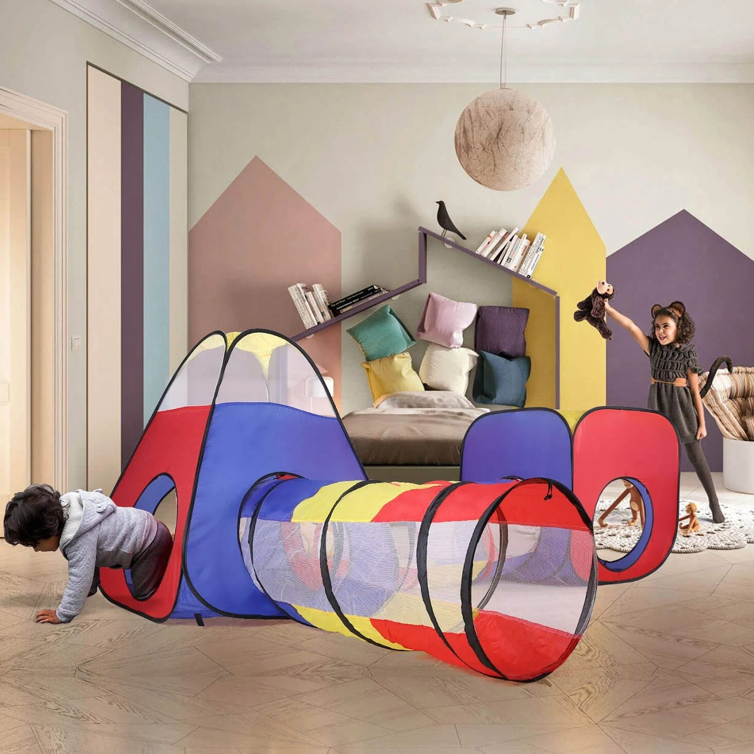 Opret Tienda Campaña Infantile 4 en 1 Pop-up Casita Infantil con Tunel Parque Infantile Plegable para Jardín y Casa, Regalo de Cumpleaños para Niños