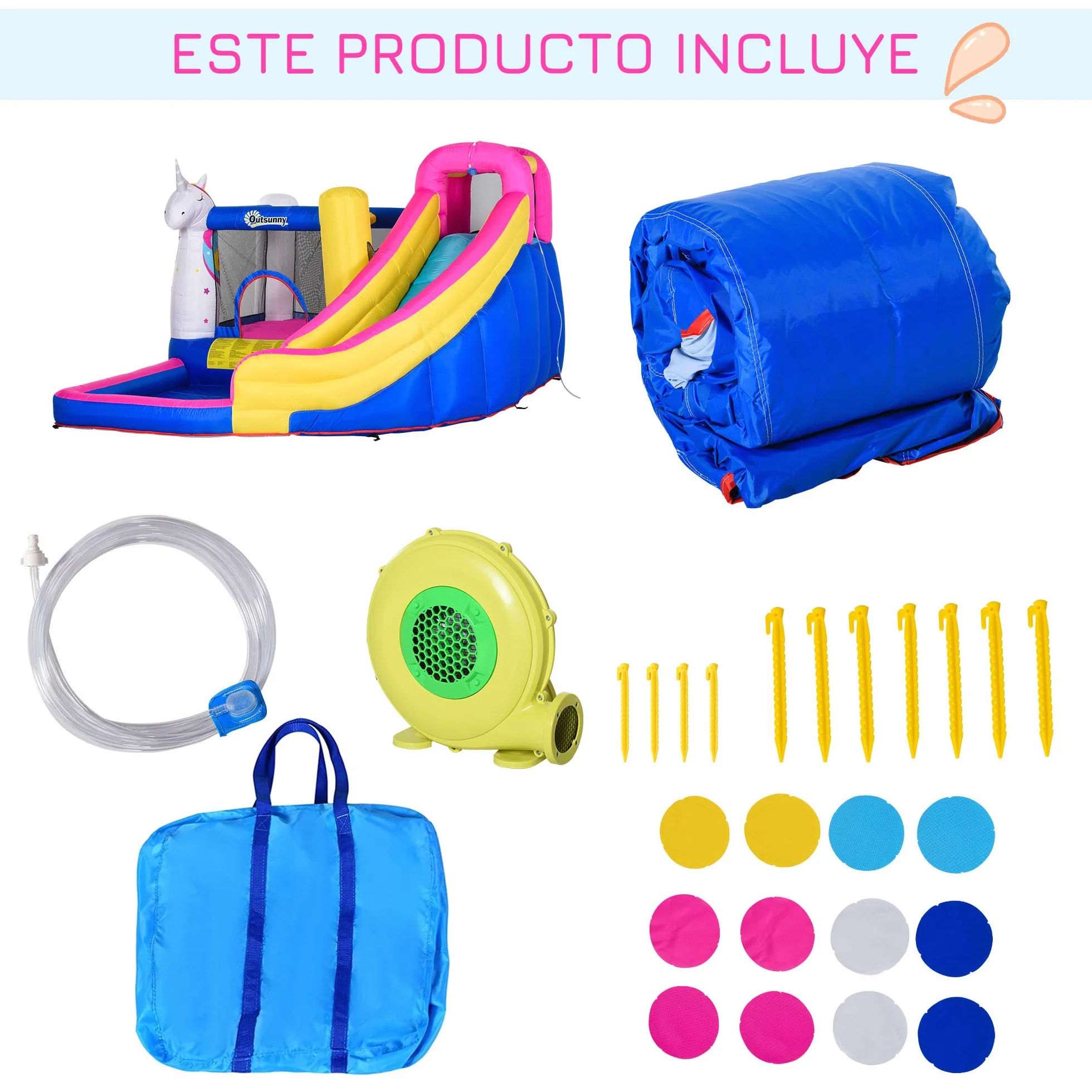 Outsunny Castillo Hinchable para Niños Castillo Inflable Infantil en Forma de Unicornio Parque Acuático con Tobogán Piscina Cama de Salto Inflador y Bolsa de Transporte 360x305x210 cm para 3-8 Años