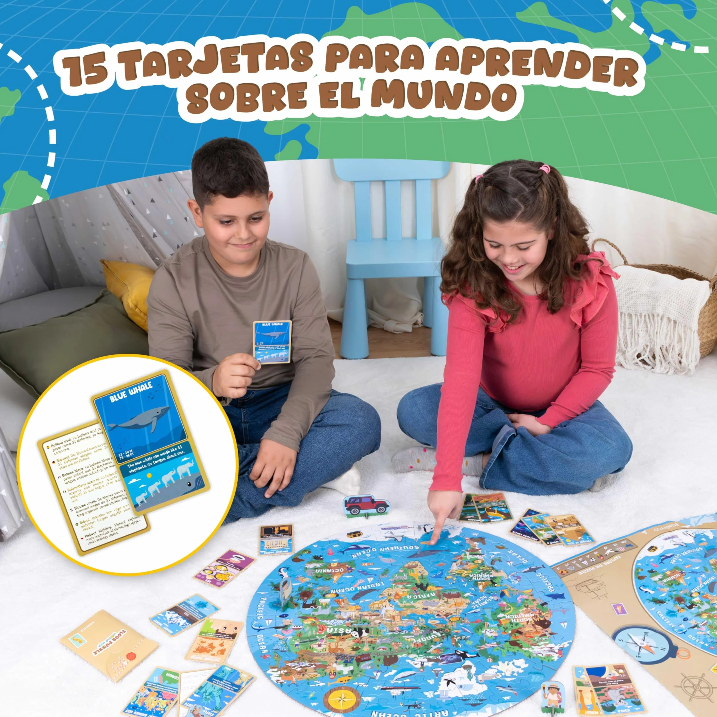 BONNYCO Puzzle XXL Mapa Mundi Niños con 70 Piezas Grandes. Rompecabezas Redondo con Animales, 58 x 58 cm, 15 Tarjetas, 4 Figuras y Guía. Juegos Educativos, Regalos, Juguetes Niños 4 Años