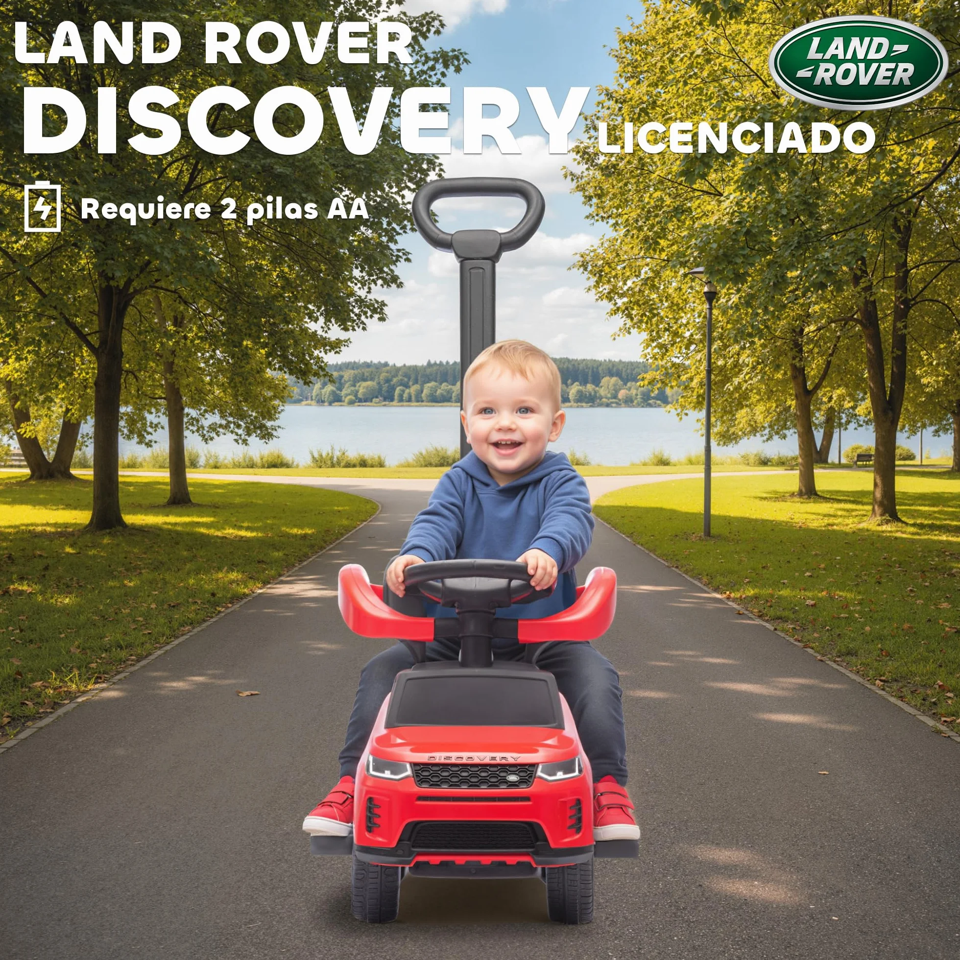 AIYAPLAY Coche Correpasillos 2 en 1 para Niños de 18-36 Meses Land Rover Discovery, Correpasillos con Espacio de Almacenaje, Bocina, Volante, Mango de Empuje y Barandilla Extraíbles, Rojo