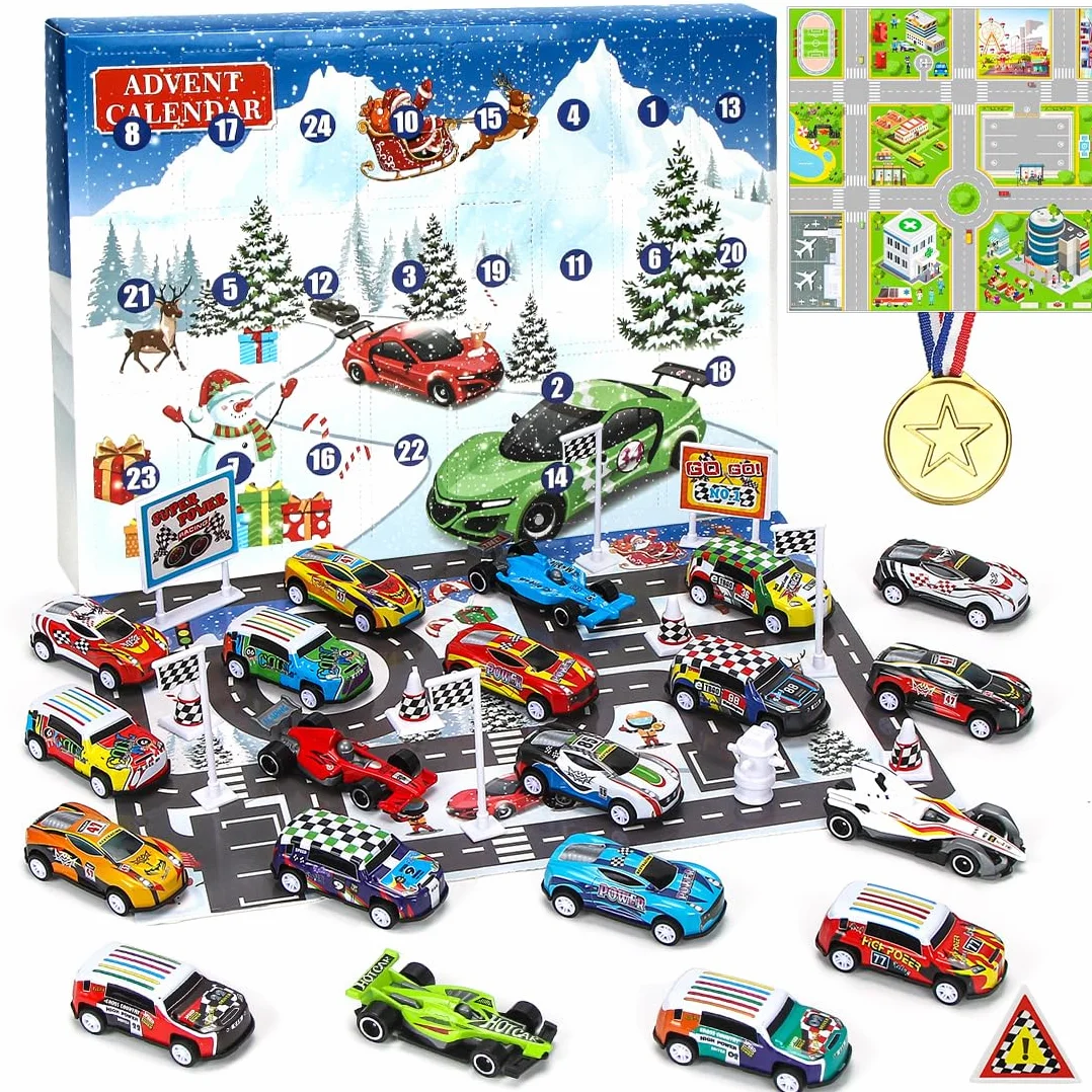 Sprinlot Calendario Adviento Coches, Juguetes de Carreras con Medalla Señales de Tráfico, Calendario Adviento Niños, Calendario de Cuenta Regresiva, Navidad Regalo para Niños Niñas