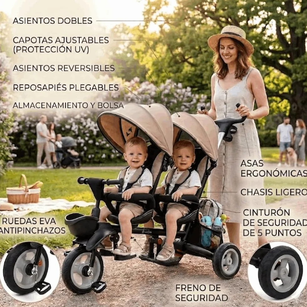 QPlay Triciclo Evolutivo Bebé para Dos | Triciclo para Gemelos o Mellizos, para Bebes Desde 10 Meses hasta los 36 Meses, Paseos en Familia