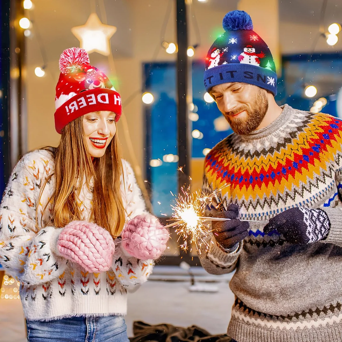 Sombrero de Navidad de punto LED, 2 piezas de gorro de Navidad Gorro de invierno, nieve, vacaciones, para niños, hombres, mujeres, niños, niñas, festival de Navidad, fiesta de cumpleaños