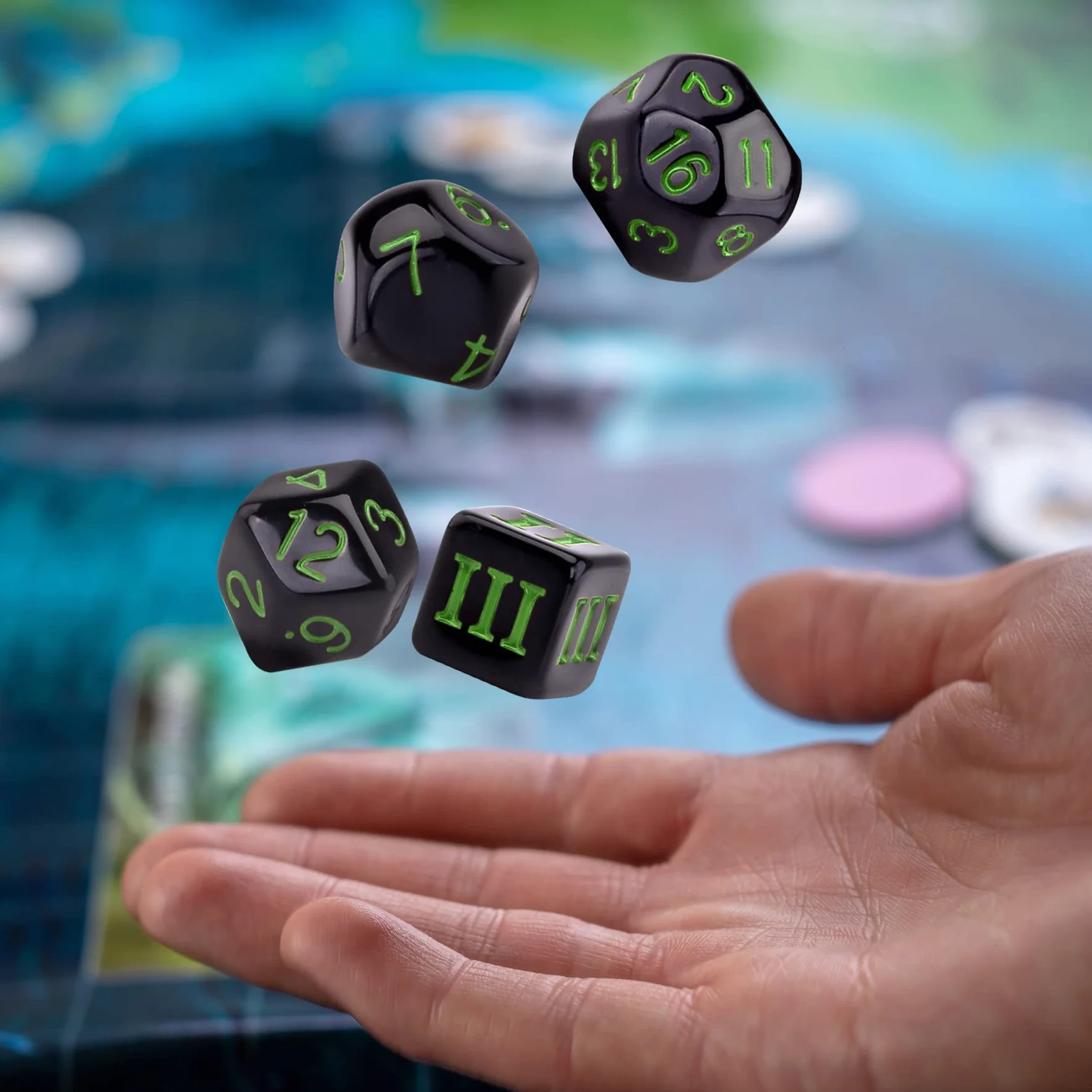 SIQUK 15 Piezas Dados Poliédricos D3-D100 para DND RPG, Negro y Verde