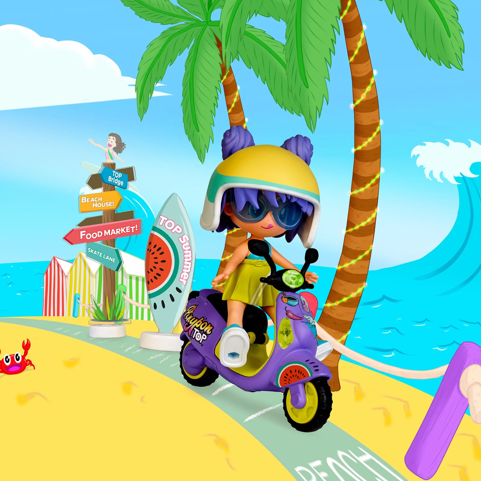 Pinypon Top Moto Girl, Figura Articulada de Brazos y Piernas, Set de Chica Top con su Moto, Incluyen Casco y Gafas, Ropa y Zapatos Intercambiables, Doble Cara y Decoración, +4 años, Famosa (PNN03000)