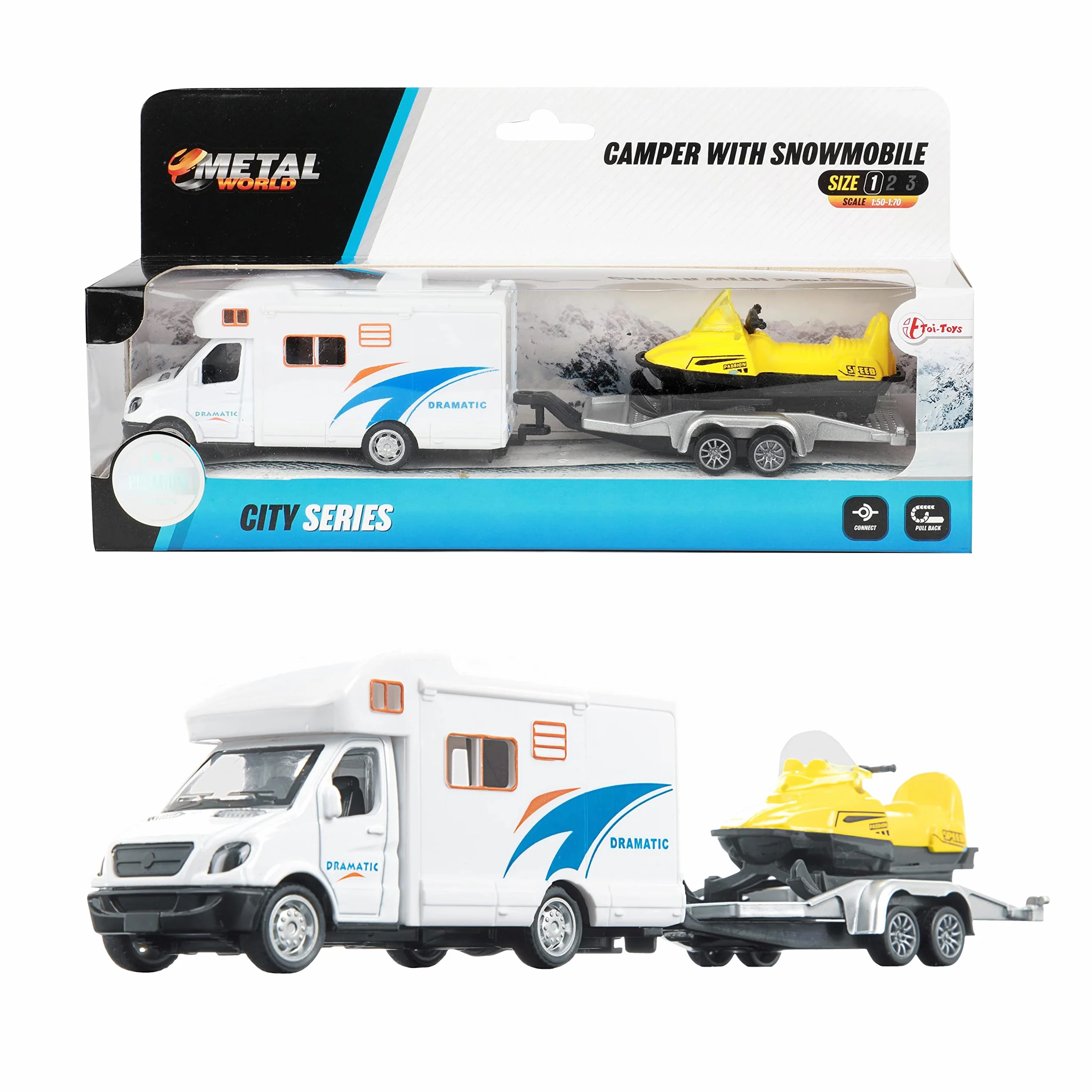 Toi-Toys Metal Camper Pull Back+aanhanger+sneeuwscooter(