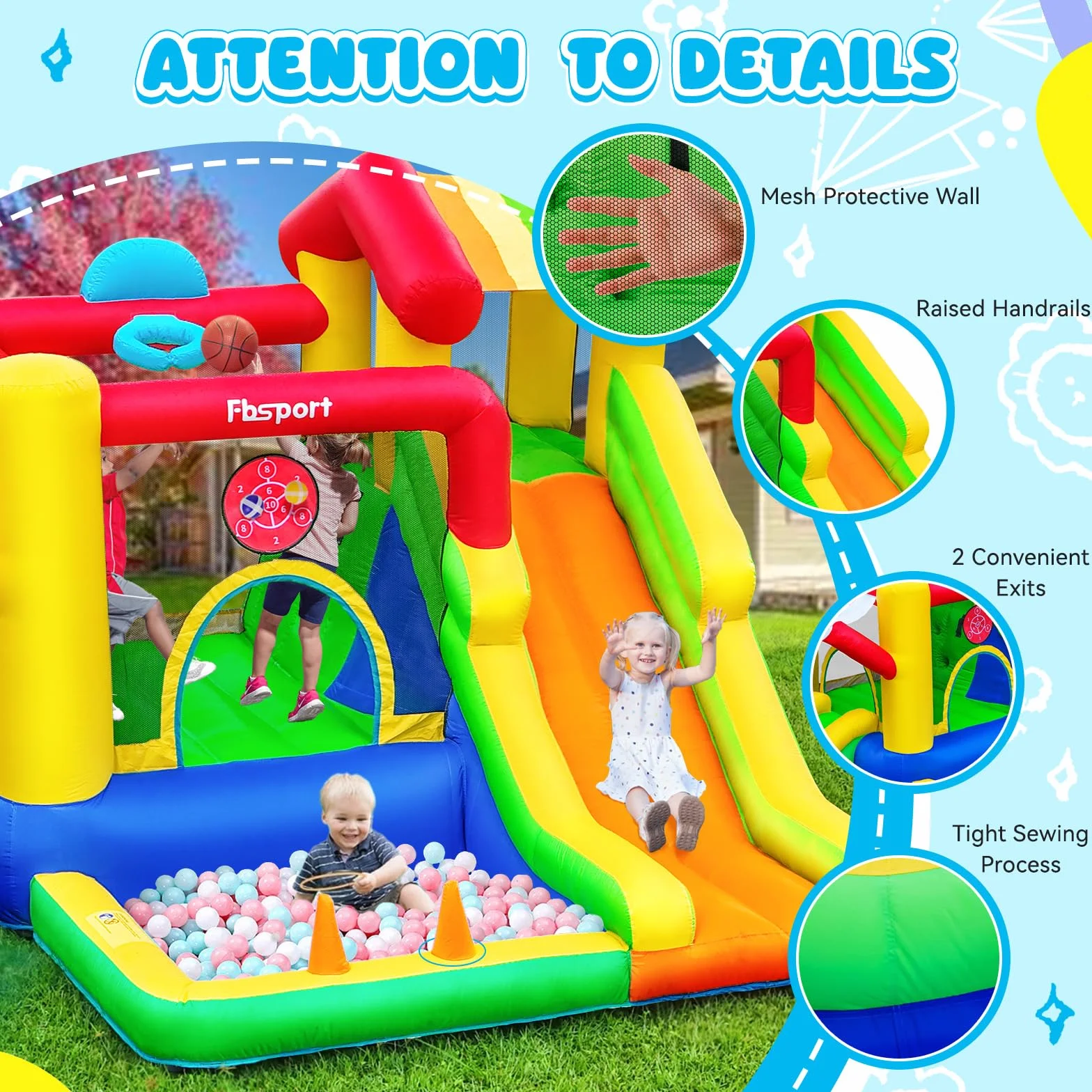 FBSPORT Castillo Hinchable para Niños con Doble Tobogán, Trampolín, Piscina de Bolas, Lanzamiento de Bolas, Muro de Escalada y Canasta de Baloncesto, para Jardín Interior Exterior, 322×305×208 cm