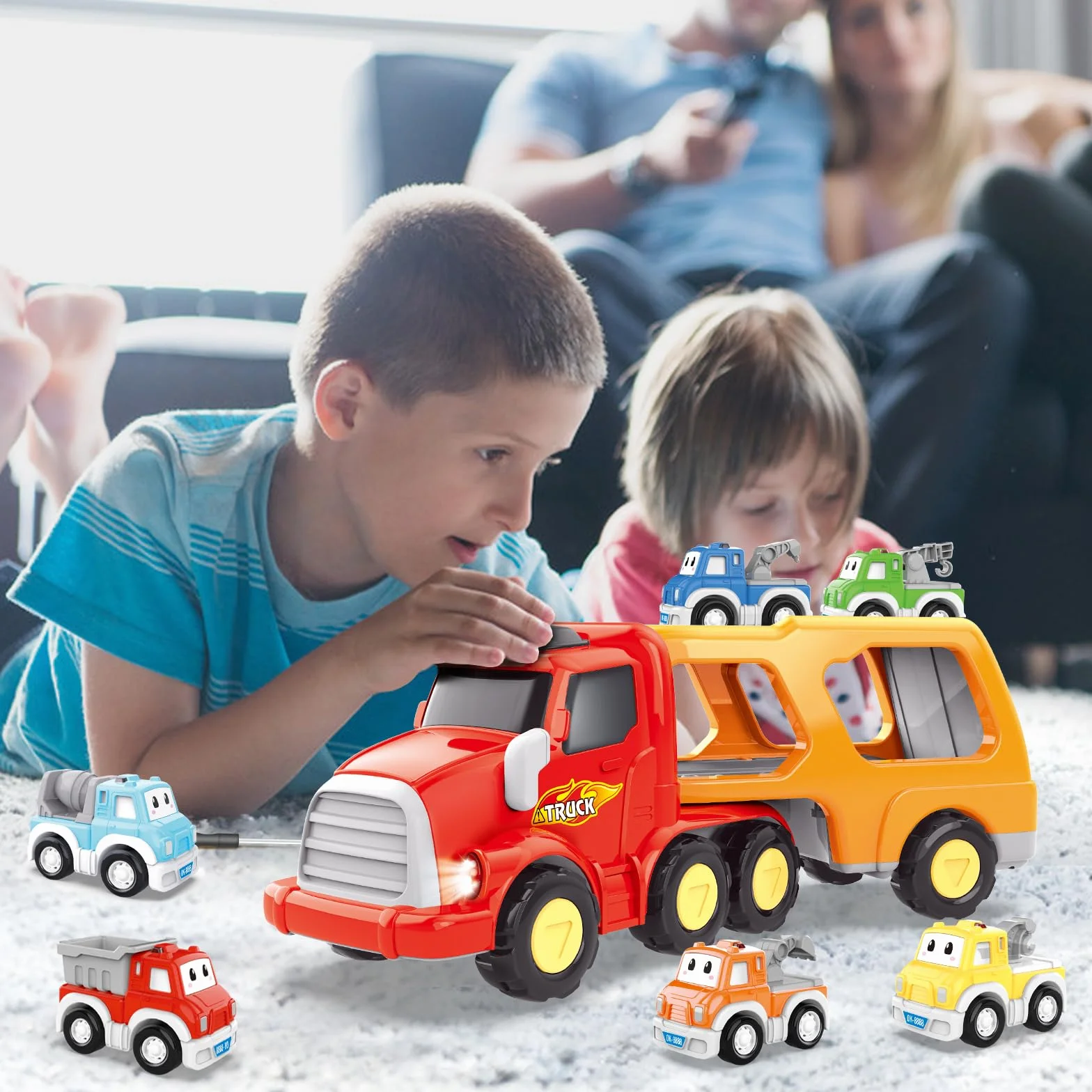 Camión de Juguetes - 7 en 1 Transportador Coches con Luces y Sonidos - Regalo para Niños 1-4 Años