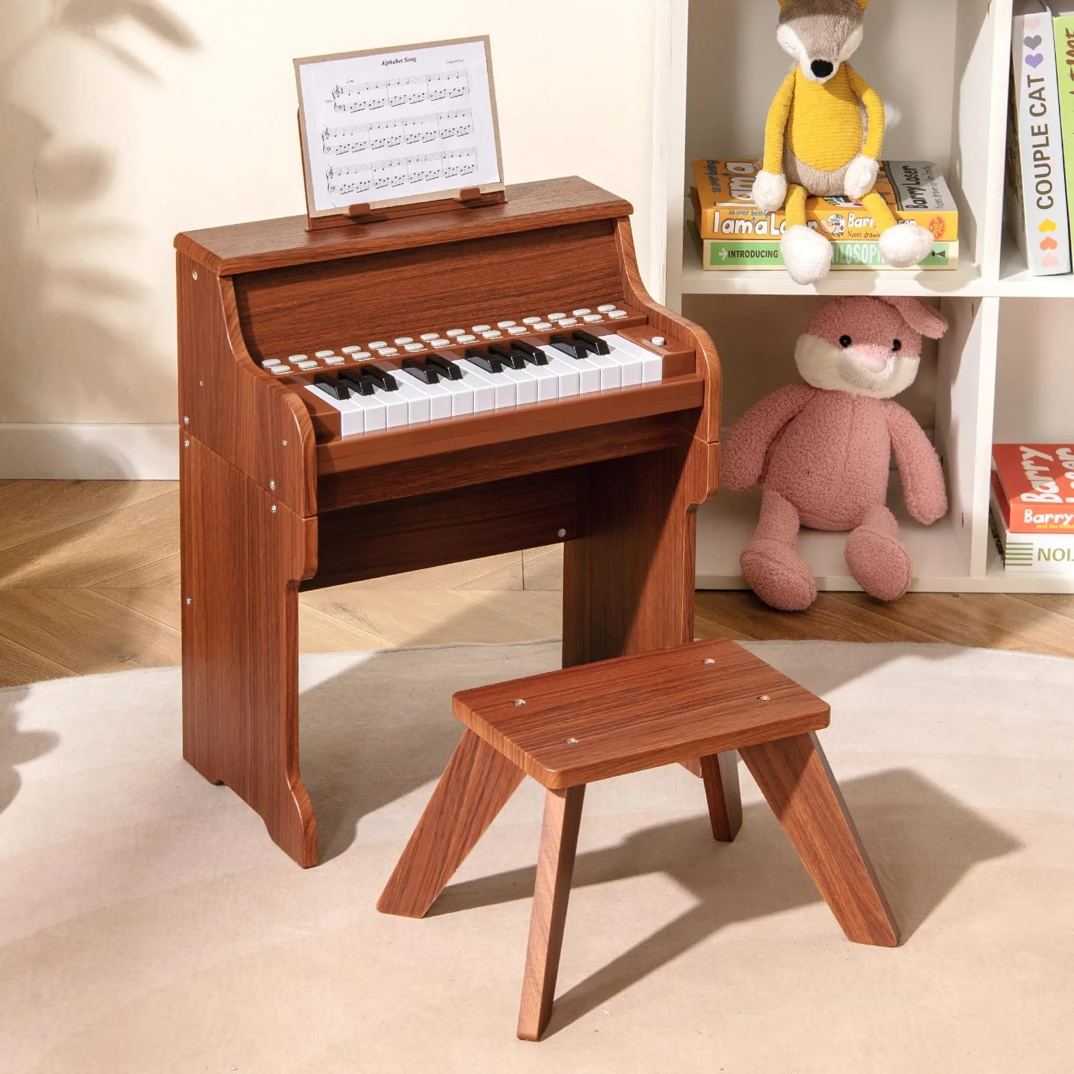 COSTWAY Piano Infantil de 25 Teclas con Taburete y Atril, Órgano Electrónico Niños con Velocidad y Volumen Ajustables, Modo de Enseñanza, Marco Madera, Instrumento Musical para Niños 3+ Años (Marrón)