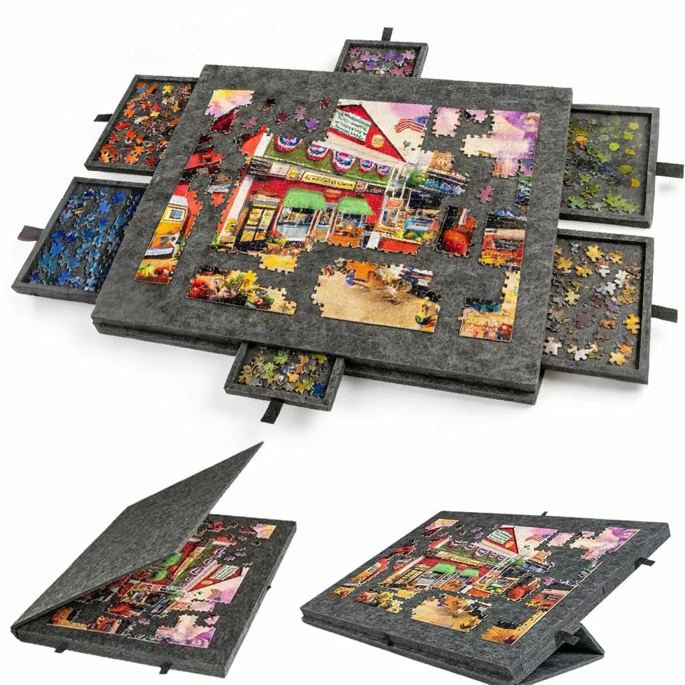 Mesa puzzle de 6 cajones, 1000 piezas, con soporte y tapa 2 en 1, negro