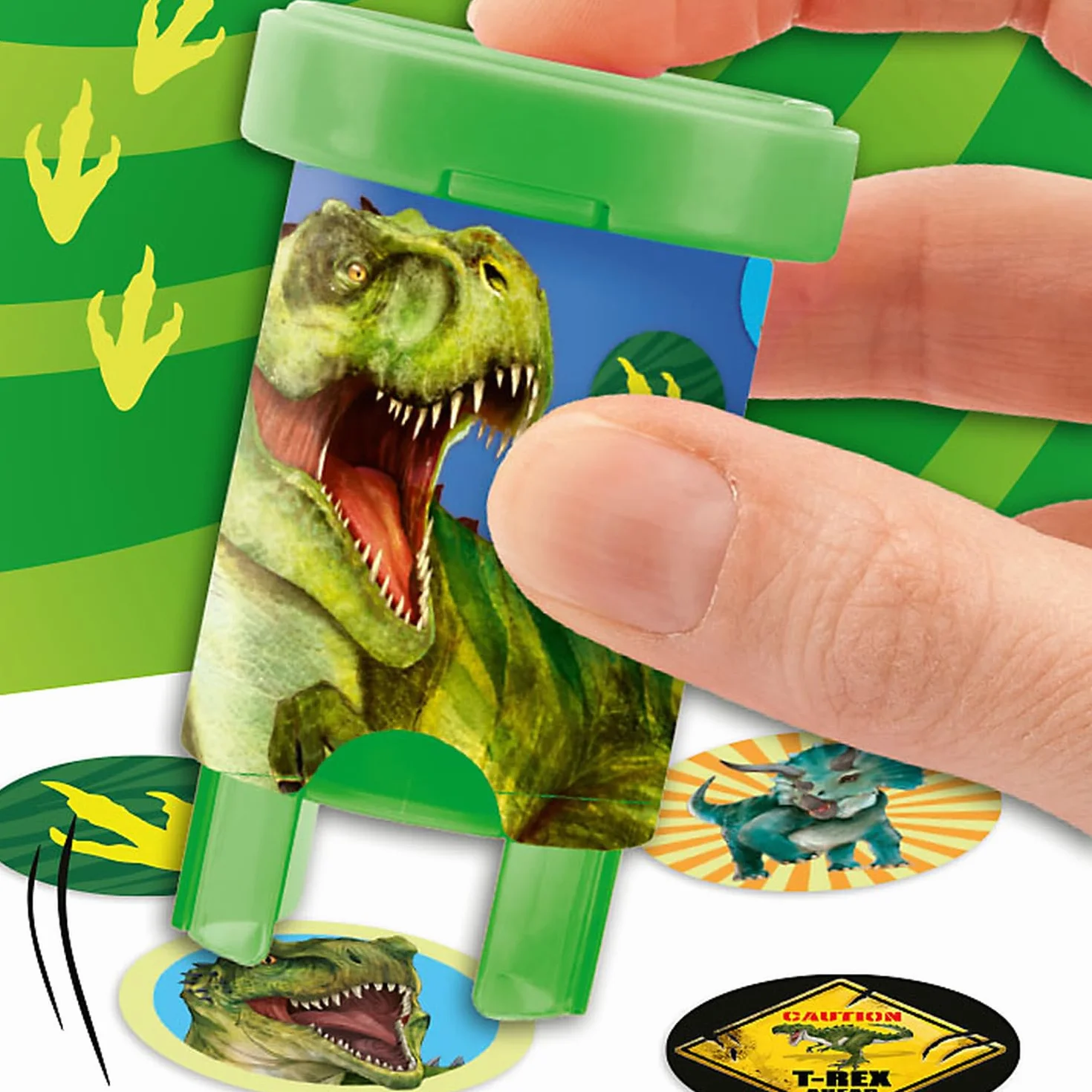 Depesche 13349 Dino World Sticker Stamper - Juego de Pegatinas para Estampar Pegatinas de Dinosaurios, Incluye Sello y 160 Pegatinas
