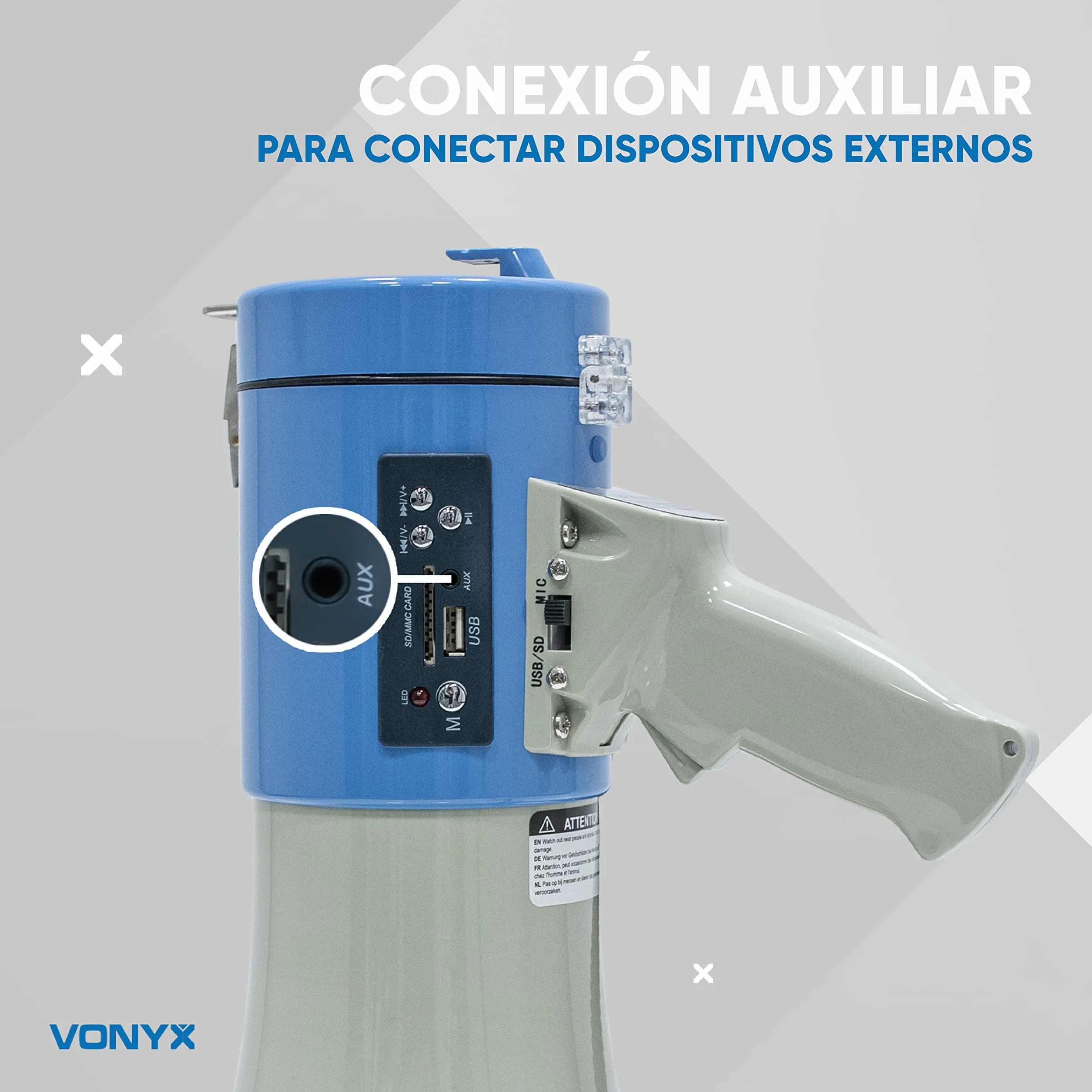 Vonyx Megáfono Portátil 55W 60W 65W Grabación 1,2 km Micrófono Extraíble Reproductor MP3 USB Correa Hombro