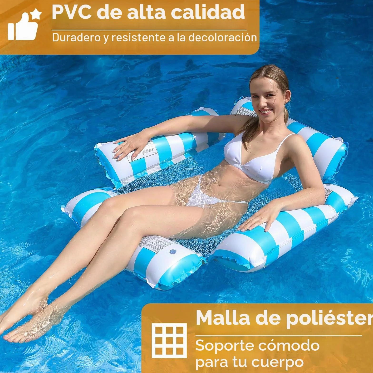 Hamaca Hinchable Piscina 4 en 1 para Adultos, Flotador Piscina con Red, Colchoneta Hinchable Playa y Piscina, Silla Flotante para Relax, Fácil de Inflar, Ideal para Verano y Vacaciones