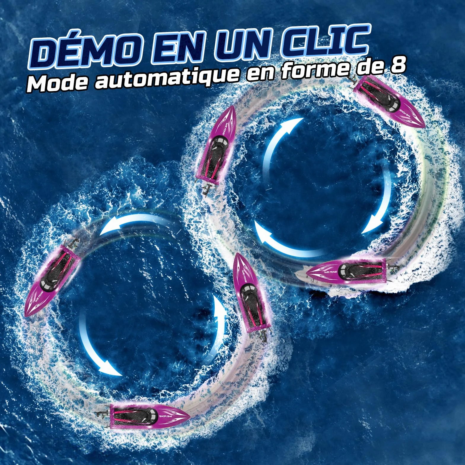 WeFone Barco RC de Alta Velocidad para Niños y Adultos, Más de 15 mph, Lancha Teledirigida con Luces LED, Autoenderezable, Modo Demo, Impermeable, Piscinas y Lagos, 2 Baterías 40 Min, Morado