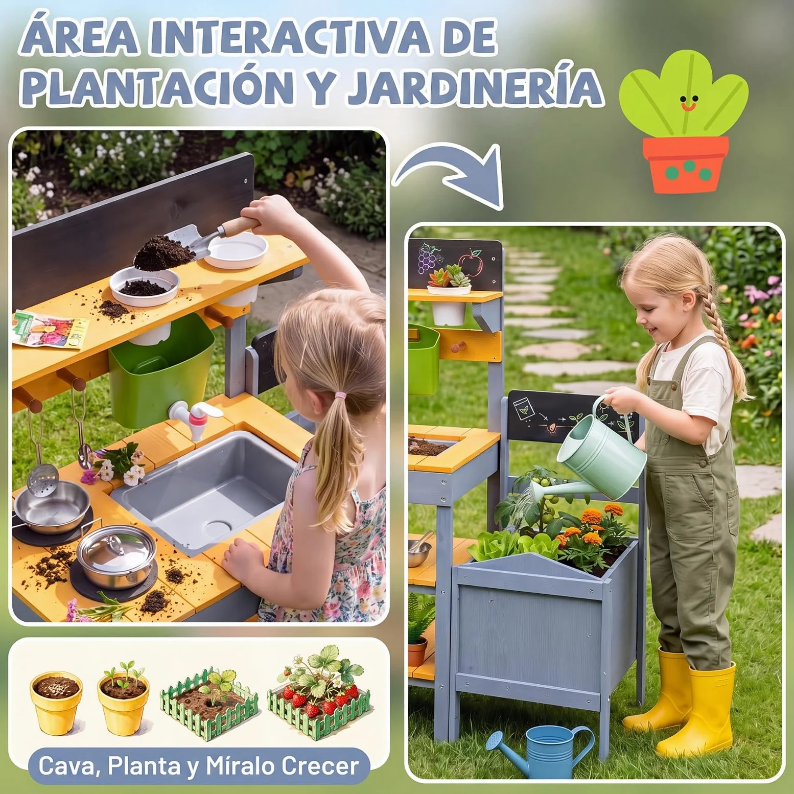 COSTWAY Cocina de Barro Exterior para Niños, Cocinita de Madera Infantil | con Jardinería, Estantes, Pizarras, Fregadero, Depósito de Agua, Macetas, Sartén, Juego de Rol para 3+ Años