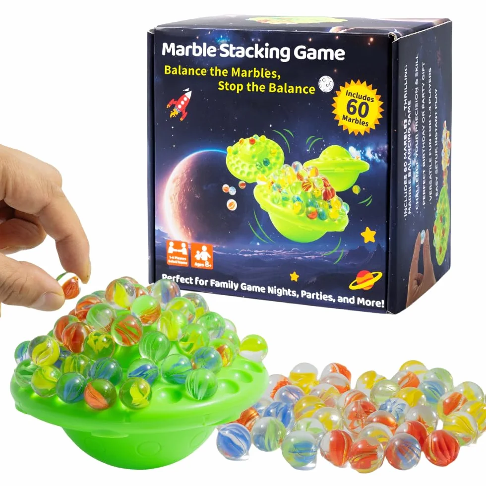 Juego de equilibrio de mármol, emocionante 60 canicas de cristal de colores, tarjetas de reto y memoria, para 1-4 jugadores, niños y adultos, juego de fiesta familiar adecuado también para
