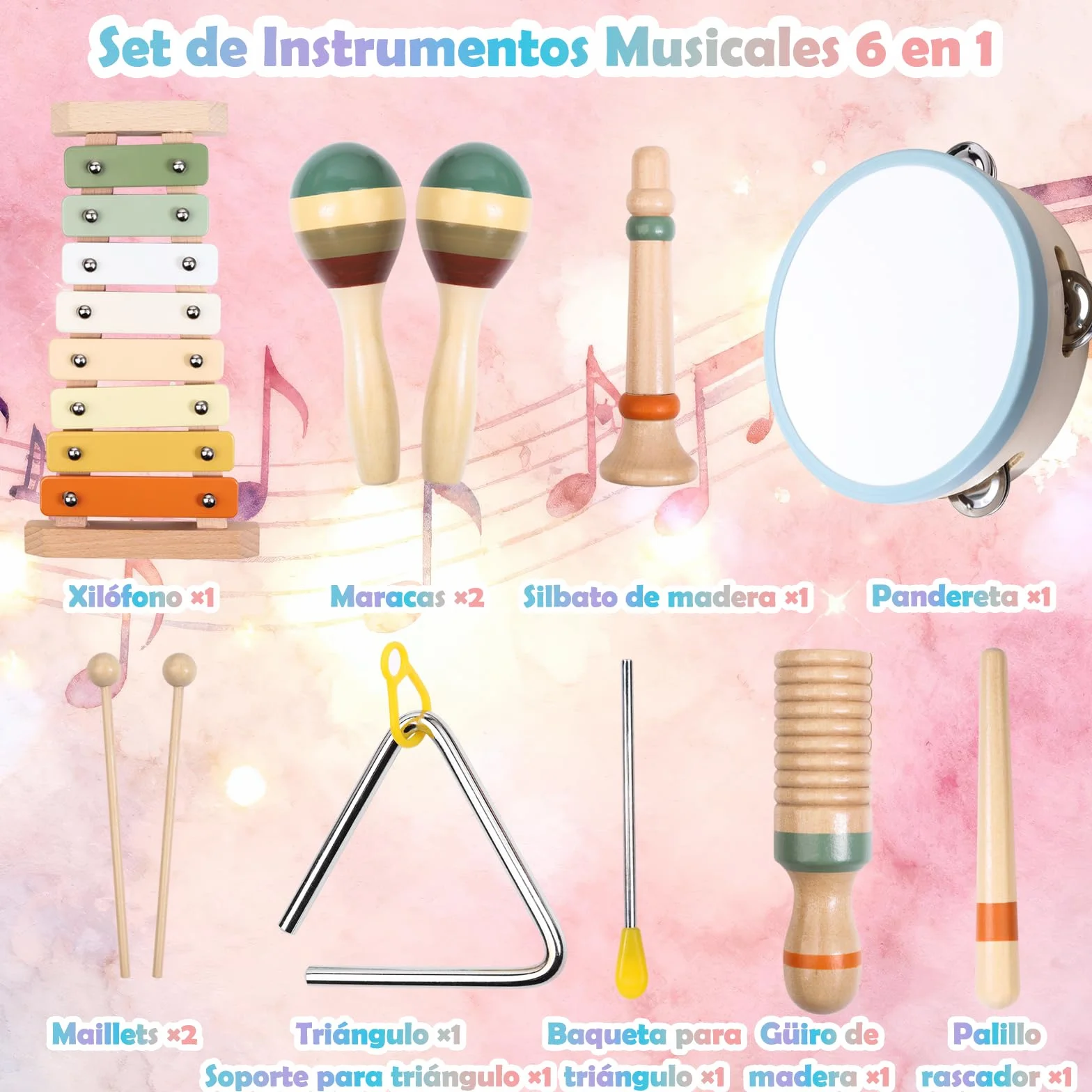 Instrumentos Musicales de Madera para Niños de 3 4 5 Años, Set Montessori de 12 Piezas con Xilófono, Pandereta, Maracas, Triángulo y Güiro, Percusión Infantil