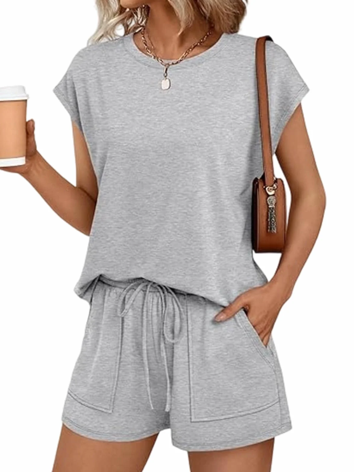 Chándal Mujer Verano 2 Piezas Casual Cuello Redondo Top Sin Mangas Pantalones Cortos Bolsillos Cordón Ajustable