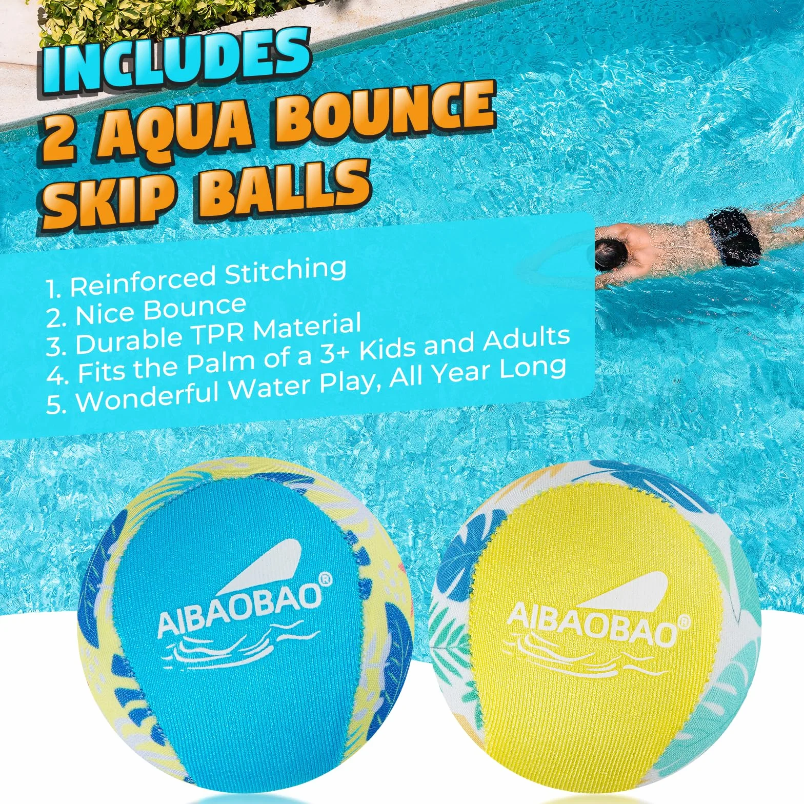 Pelota de Agua Que Rebota 2 PCS Ø55mm, Pelotas Saltarinas para Piscina y Playa, Reutilizables de Secado Rápido con Funda de Lycra, Juegos de Verano para Niños y Adultos (Amarillo + Azul)