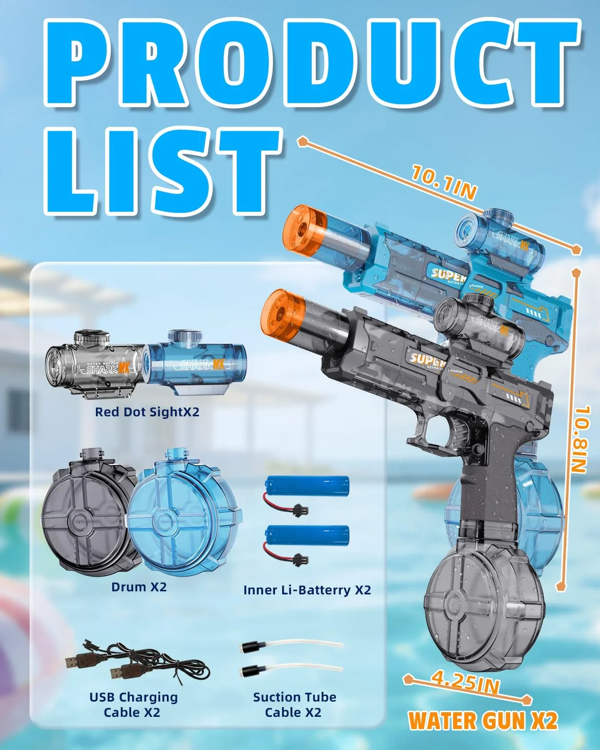 2 Piezas Pistola de Agua Eléctrica, Pistola de Agua Niños con Llama LED, Gran Capacidad Recargable Pistola de Agua Automática, Alcance 8-10 M, Exterior Juguetes para Niños 3+, Piscina, Playa, Fiesta