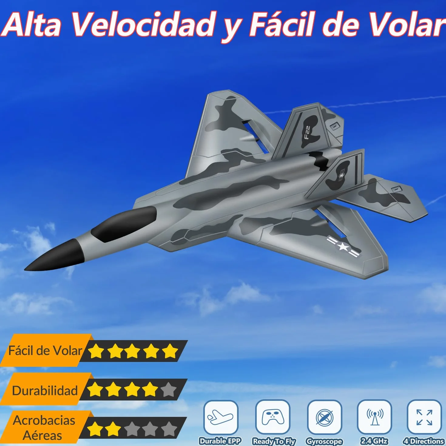 HAWK'S WORK F22 Avión RC 2.4GHz, Control Remoto 2 CH, Fácil de Aprender para Niños y Novatos