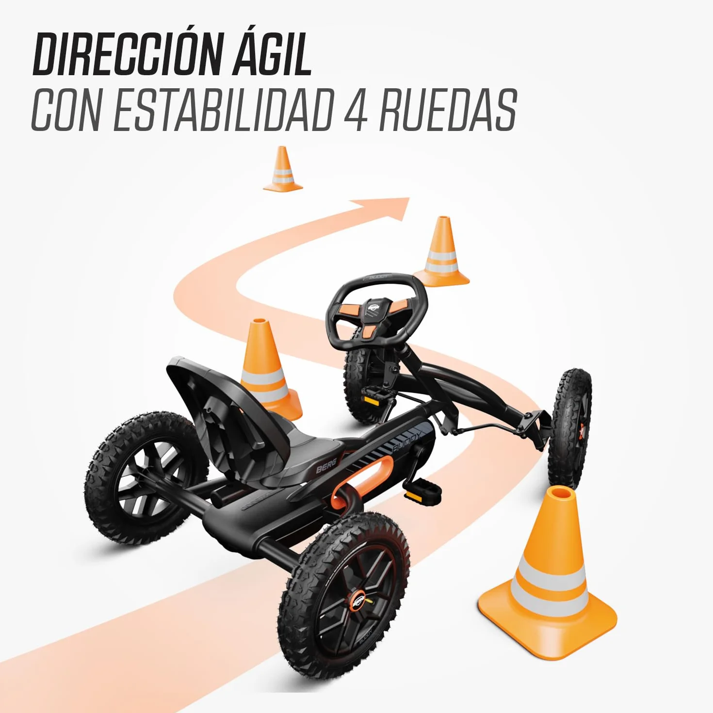 BERG Kart a Pedales Buddy Cross | Negro, 3-8 años, cuadro resistente, asiento regulable, volante regulable