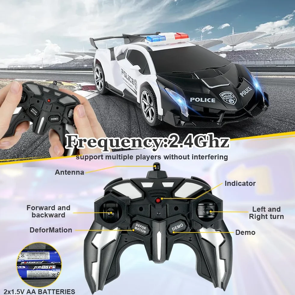 HOTUT 2 in 1 Robot RC Car,2.4GHz Transform Juguete Coche Teledirigido,Coche de Policía Teledirigido,con LED,Batería Recargable,Radiocontrol Coche de Juguete Teledirigido Niños Niñas 3-10 Años