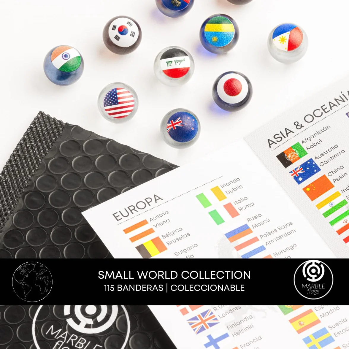 Kit Coleccionable Canicas con Banderas | 30 Canicas Aleatorias & Caja de Madera