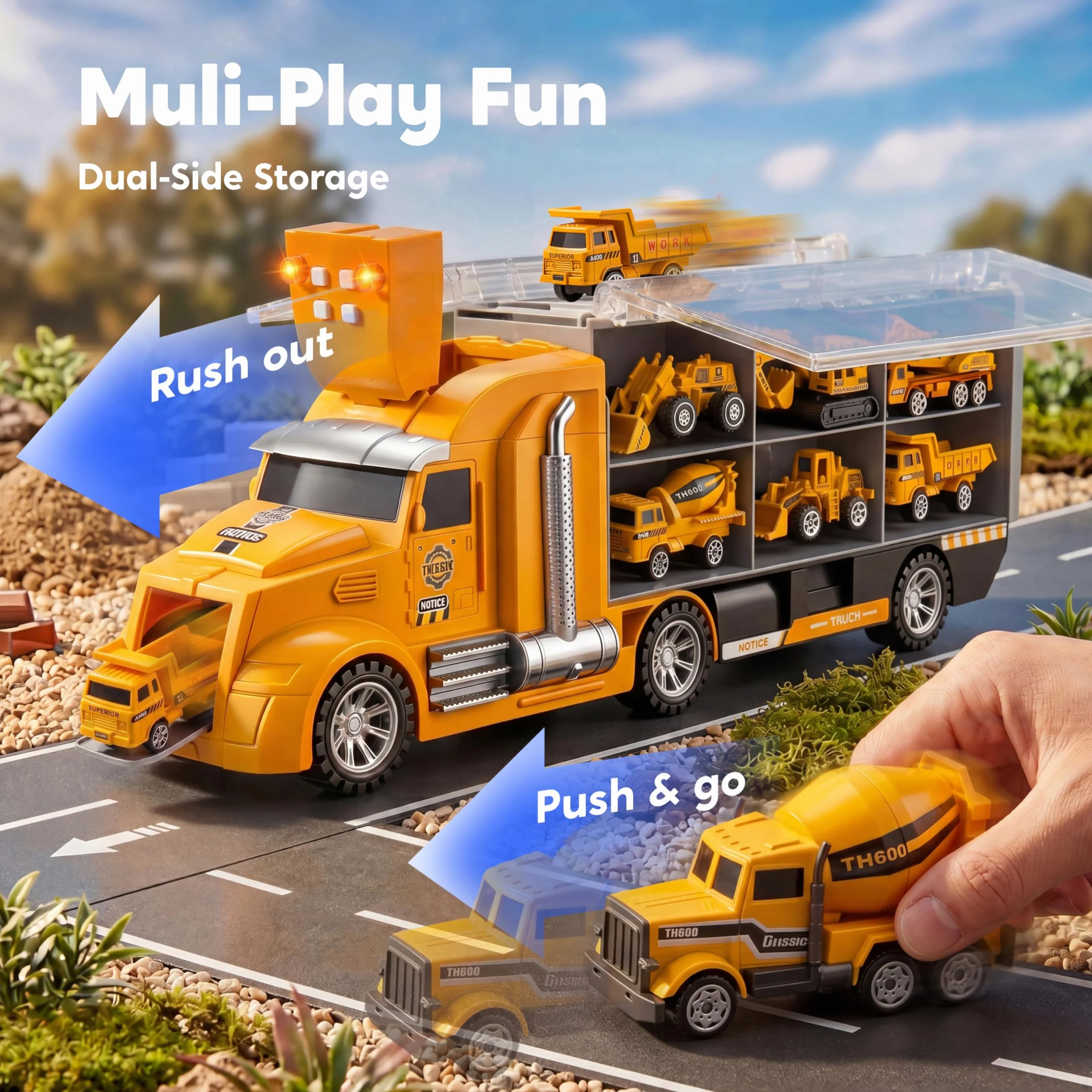 JOYIN 25 en 1 Juego de Juguetes camión de construcción fundidos a presión (Incluye Tractor Excavadora transportadora) con Sonidos y Luces, Regalos de cumpleaños para niños a Partir de 3 años