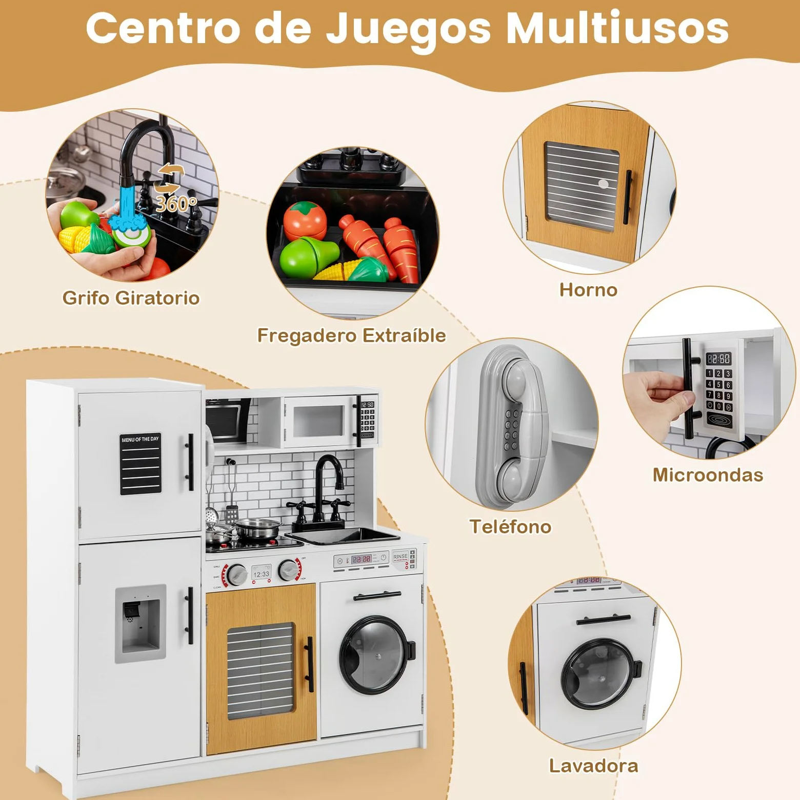 COSTWAY Cocina Juguete para Niños, Cocinita de Madera Infantil con Horno, Lavadora, Microondas, Dispensador de Agua, Teléfono, Sonidos y Luces Reales, Cocinita Infantil para Niños de 3+ Años (Blanco)