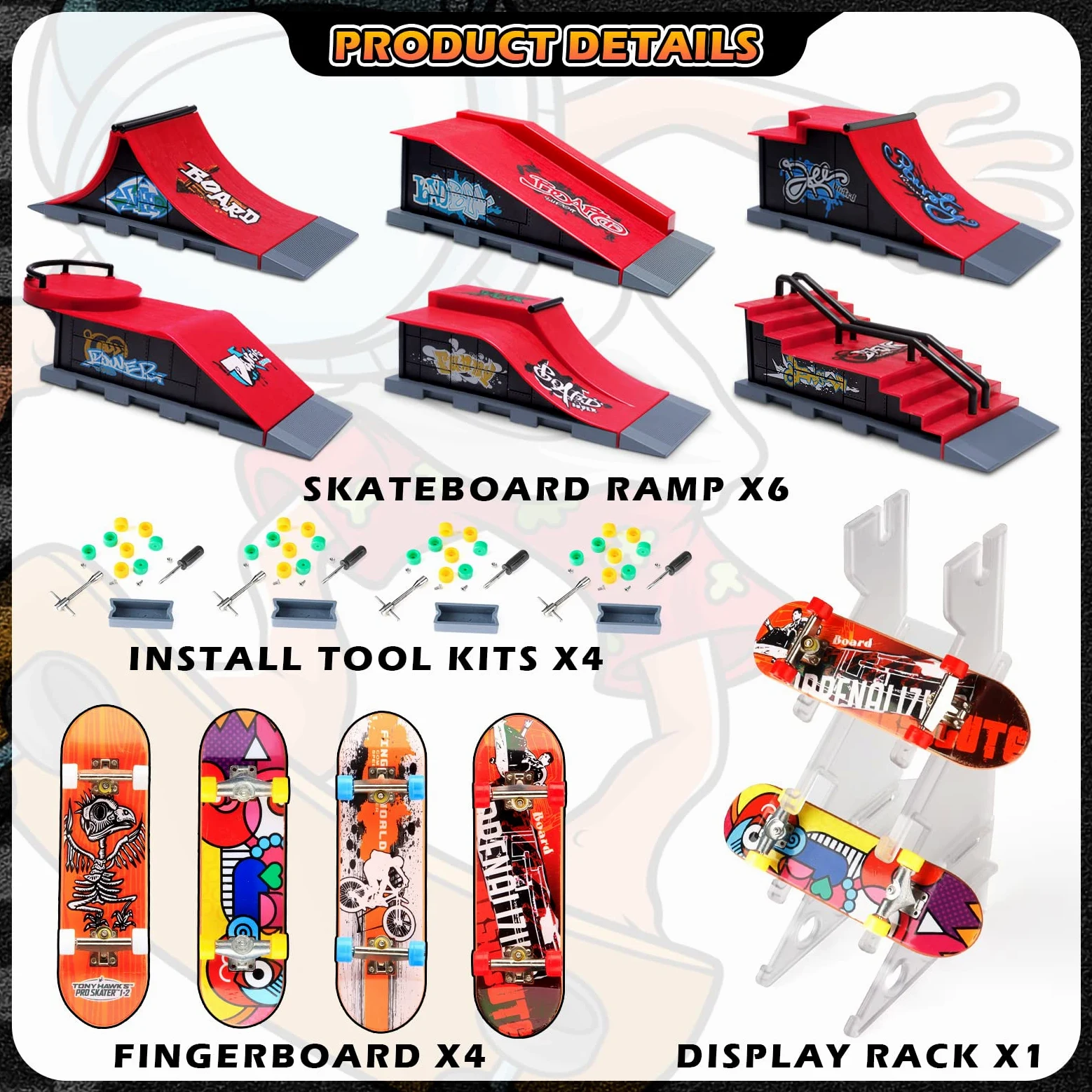 KETIEE 6 Piezas Finger Skate Park Kit Juego de minimonopatín de Dedo con rampa y Otros Accesorios Diapasón de rampa Parque Juguete para Niños (6 IN 1)