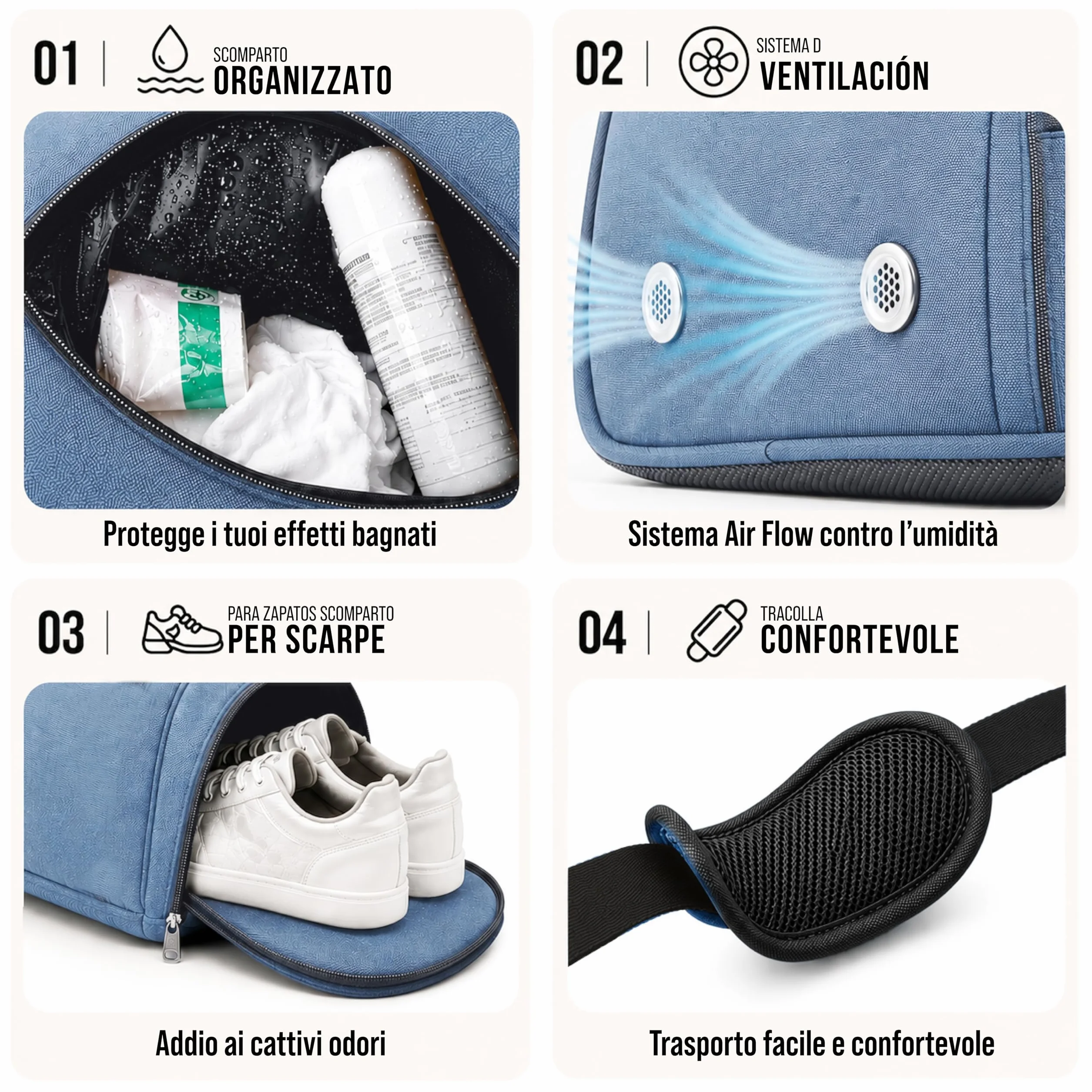 Mochila Gimnasio Hombre Mujer 50 l Compartimento Zapatos Humeda Viaje Gym Azul