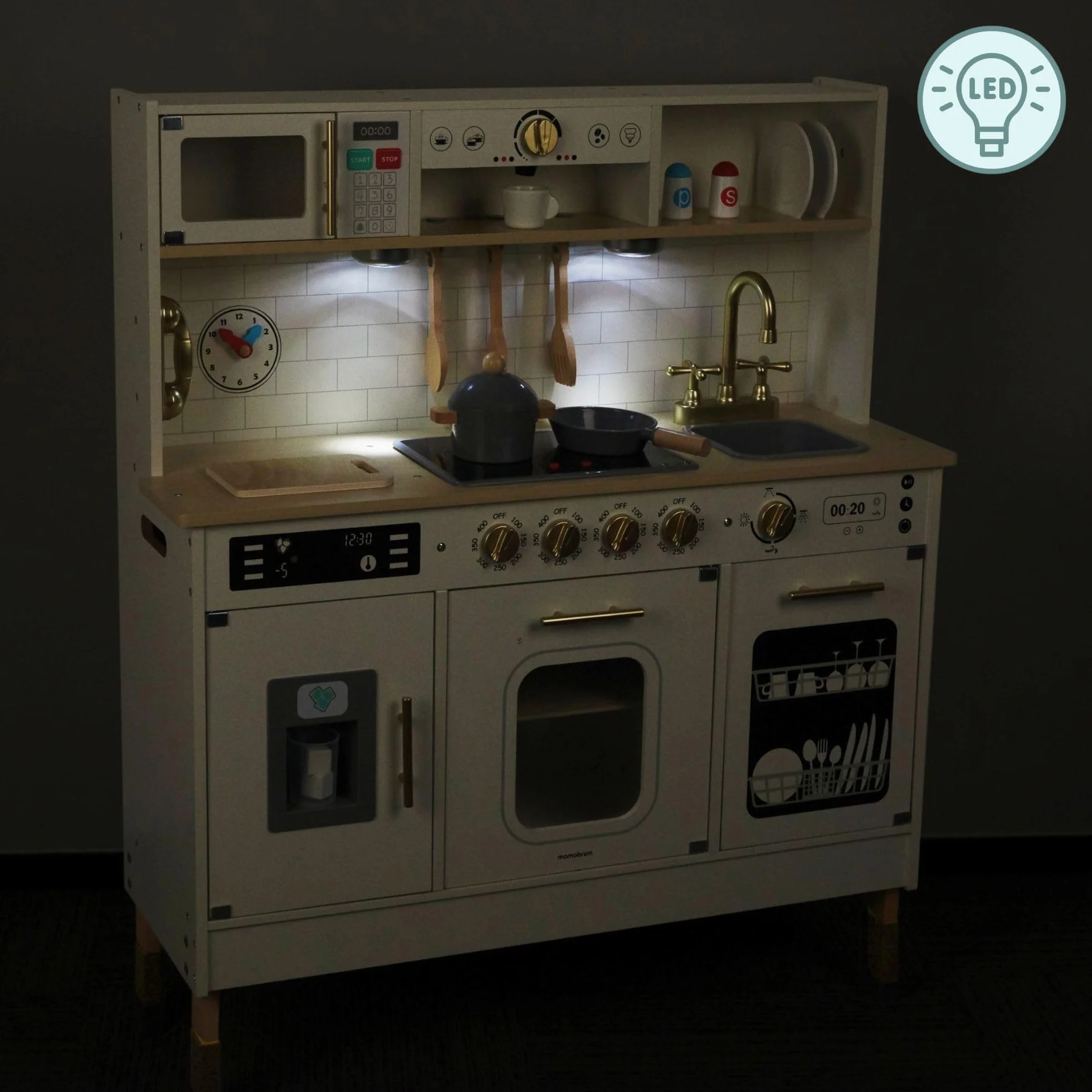 Mamabrum Cocina de Juguete para Niños de Madera con Luces LED - Juguetes Cocina Niños Interactiva con Altura Ajustable - Incluye Microondas, Lavavajillas y Accesorios - 104cm