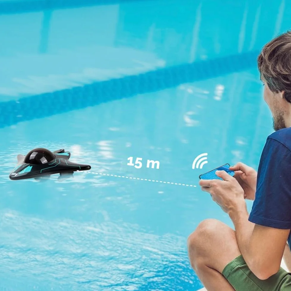 OBEST Barco teledirigido con cámara HD ajustable de 90°, juguete acuático operado por app, luces LED, nave espacial de agua rápida, adecuado para piscinas al aire libre